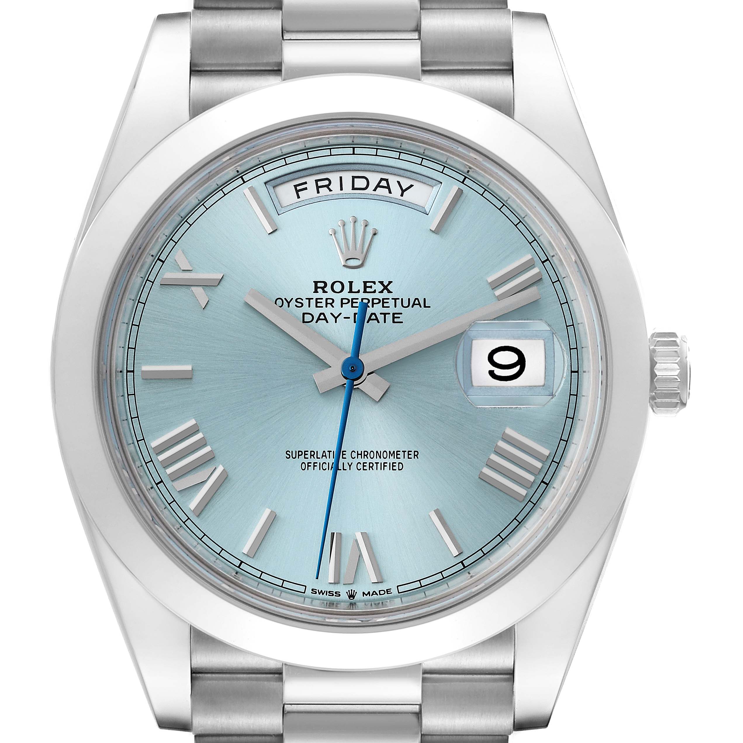 The Rolex President 228206 Men's Platinum Blue Dial 228206 Men's Platinum Blue Dial model watch is shown from a front angle, highlighting its face, hands, date, and bracelet.