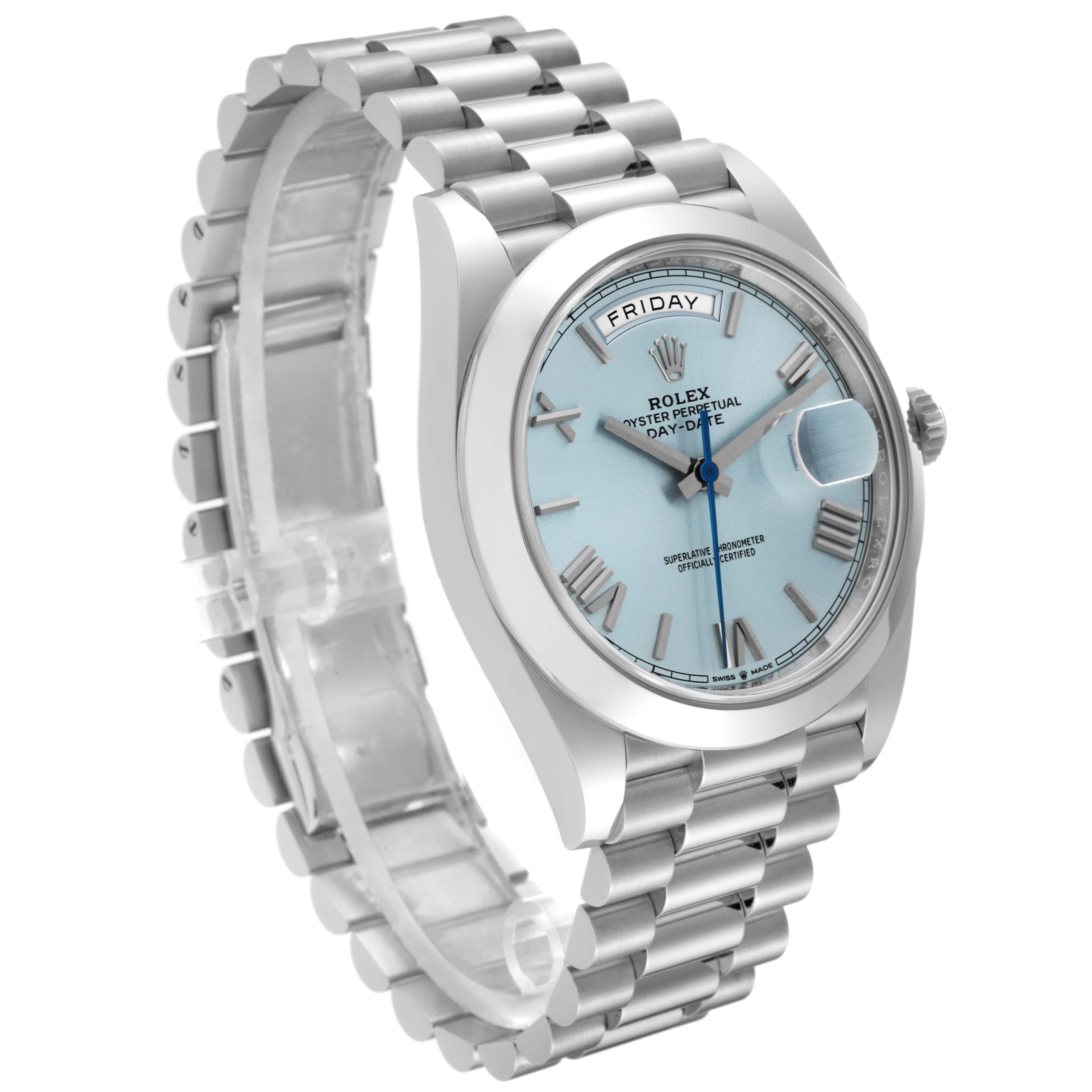 The Rolex President 228206 Men's Platinum Blue Dial 228206 Men's Platinum Blue Dial model is shown at an angle displaying the watch face, bezel, and the full bracelet.