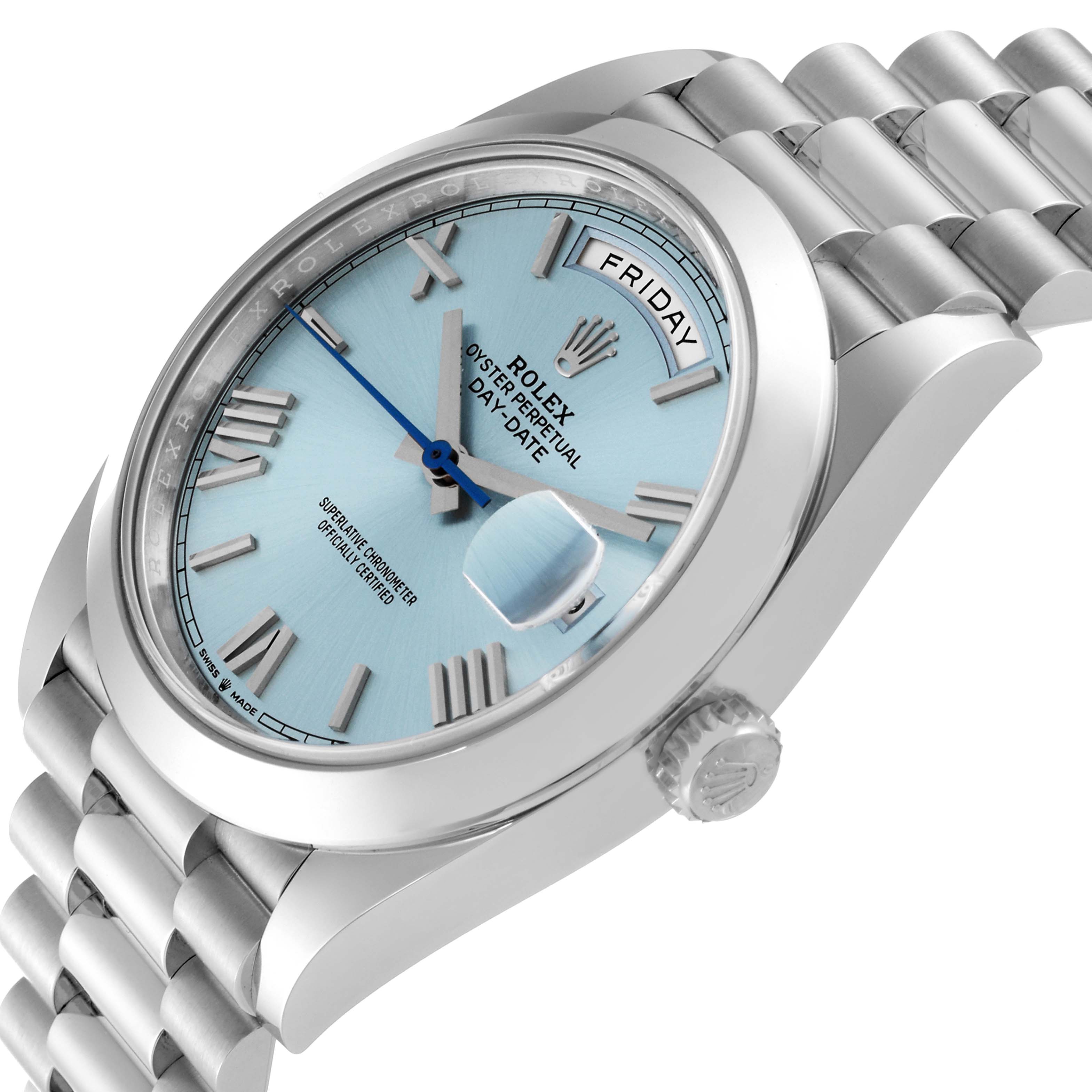 This image shows a Rolex President 228206 Men's Platinum Blue Dial 228206 Men's Platinum Blue Dial model watch at a slight angle, highlighting the face, dial, crown, and part of the bracelet.