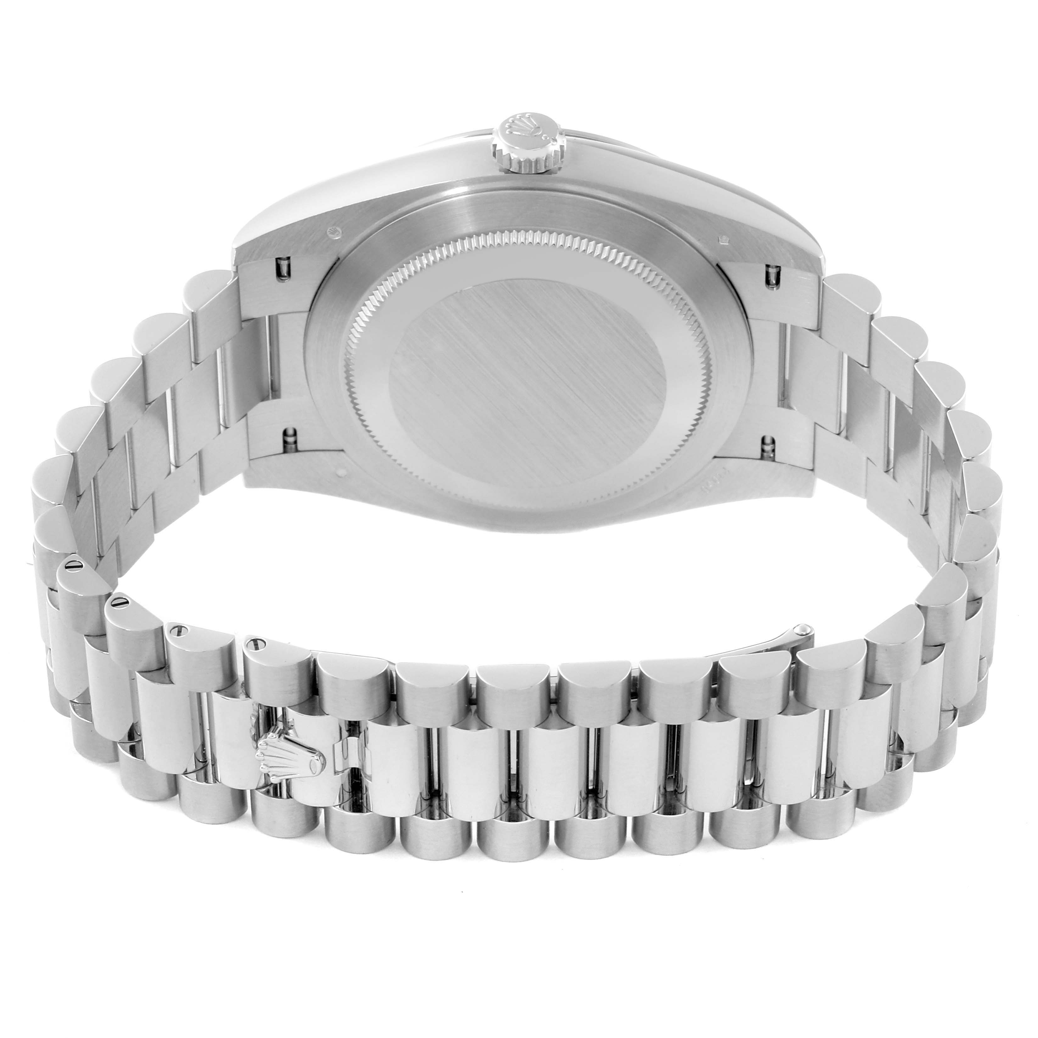 This image shows the back view of the Rolex President 228206 Men's Platinum Blue Dial 228206 Men's Platinum Blue Dial model, highlighting the case back, bracelet, and clasp.