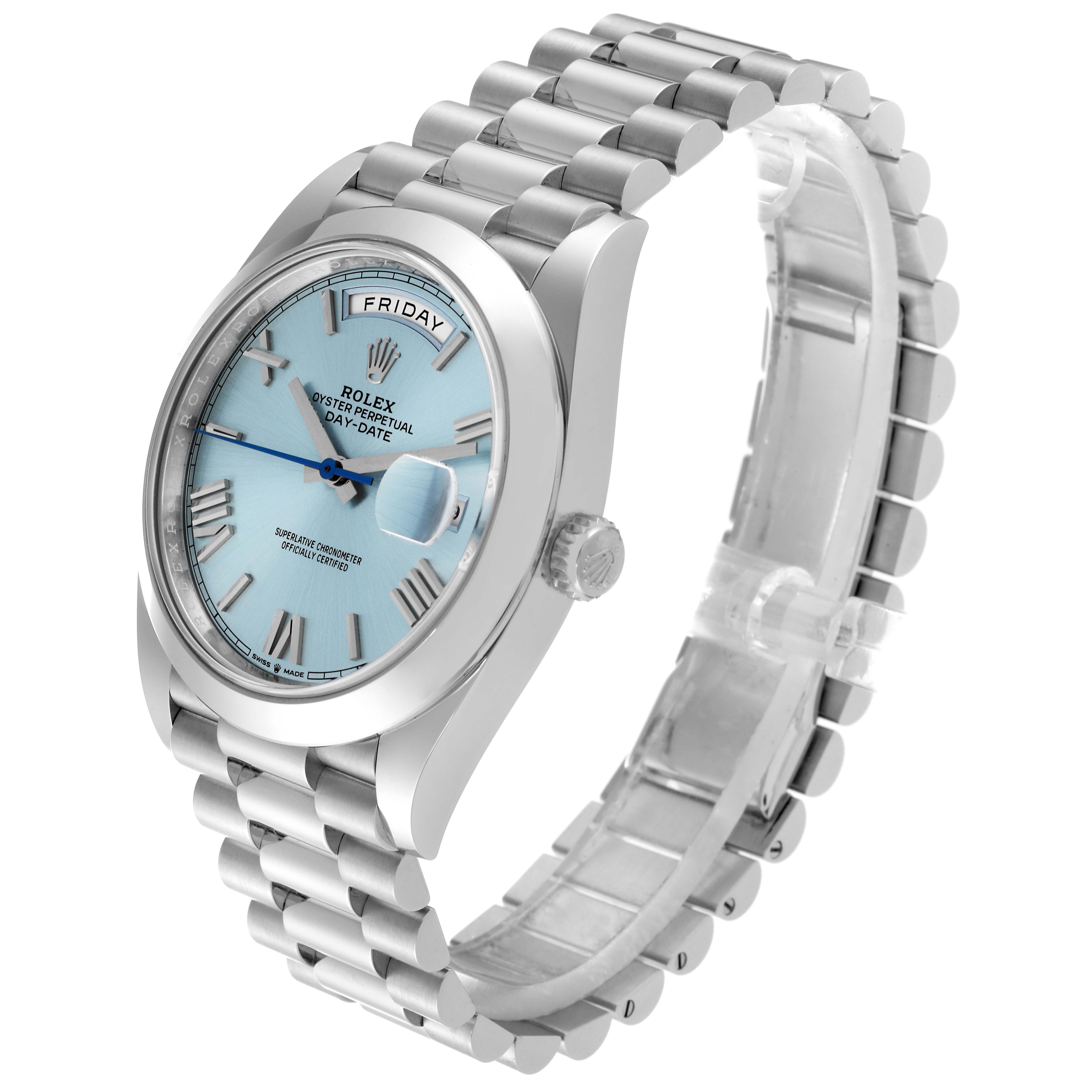 This image shows the Rolex President 228206 Men's Platinum Blue Dial 228206 Men's Platinum Blue Dial model watch at an angled view, displaying the dial, bezel, crown, and bracelet.