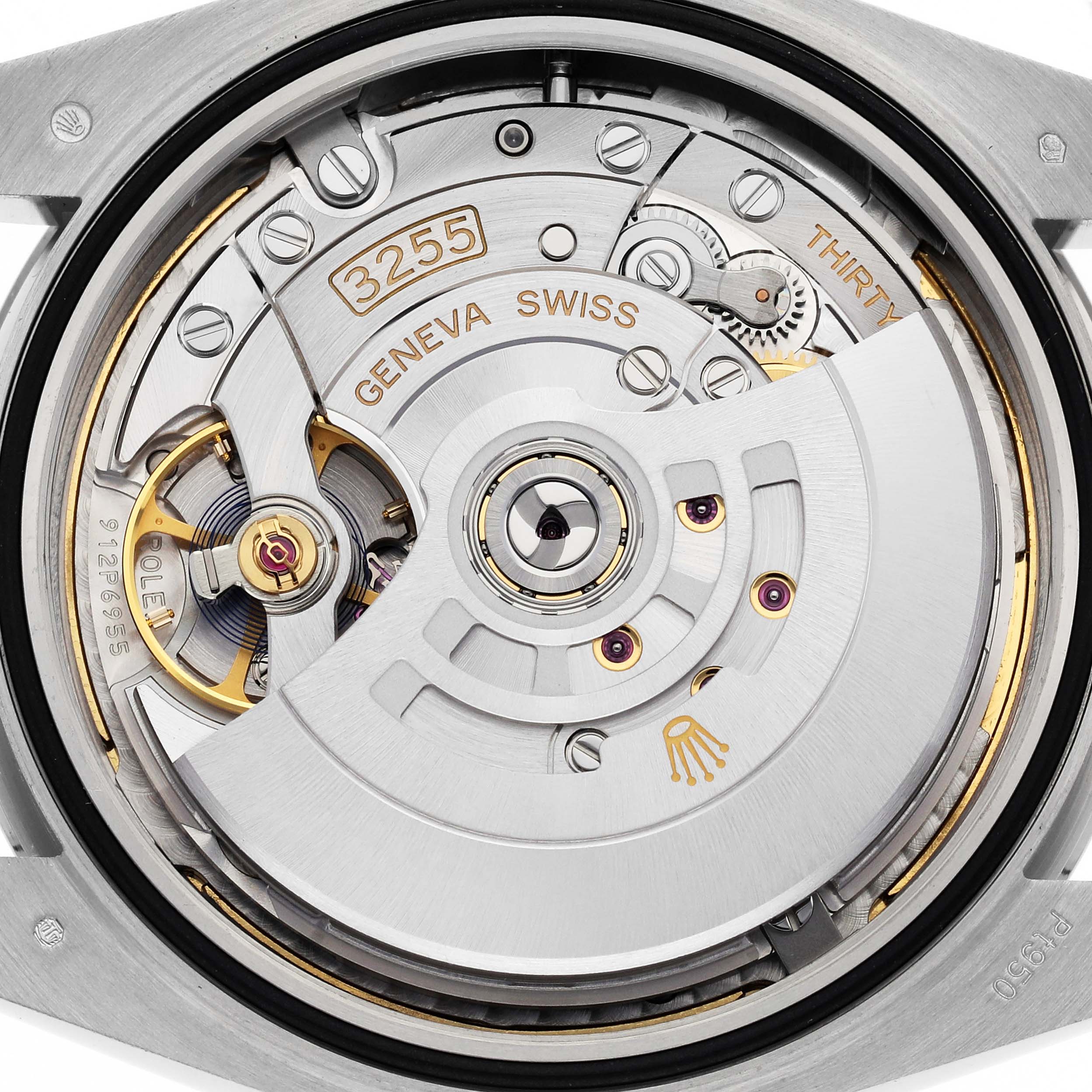 This is a close-up image of the Rolex President 228206 Men's Platinum Blue Dial 228206 Men's Platinum Blue Dial model's internal movement, showing its intricate mechanisms and components labeled "3255."