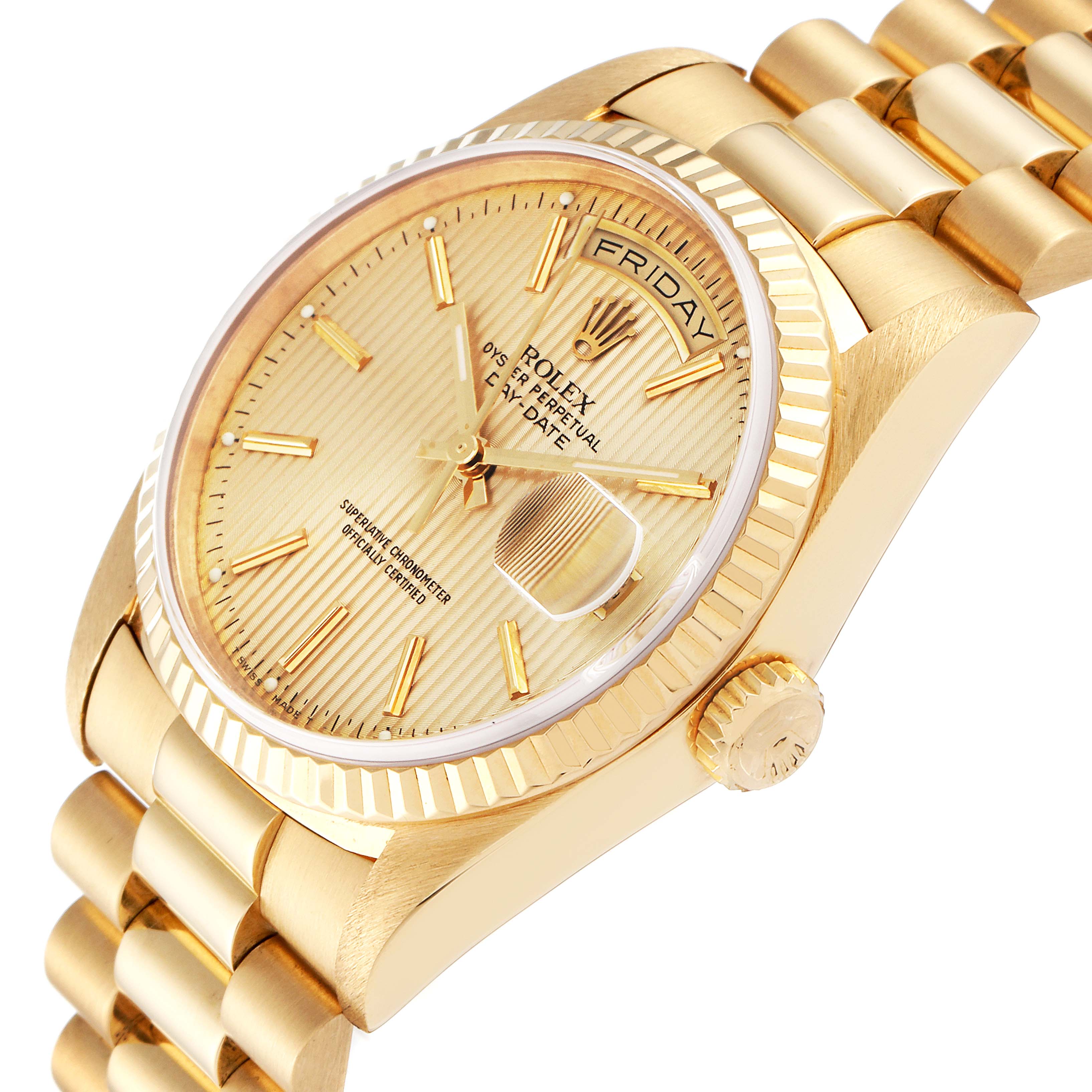 The image shows a close-up, angled view of a Rolex President 18238 Men
s Yellow Gold Champagne Dial 18238 Men
s Yellow Gold Champagne Dial watch, highlighting the dial, bezel, crown, and a portion of the bracelet.