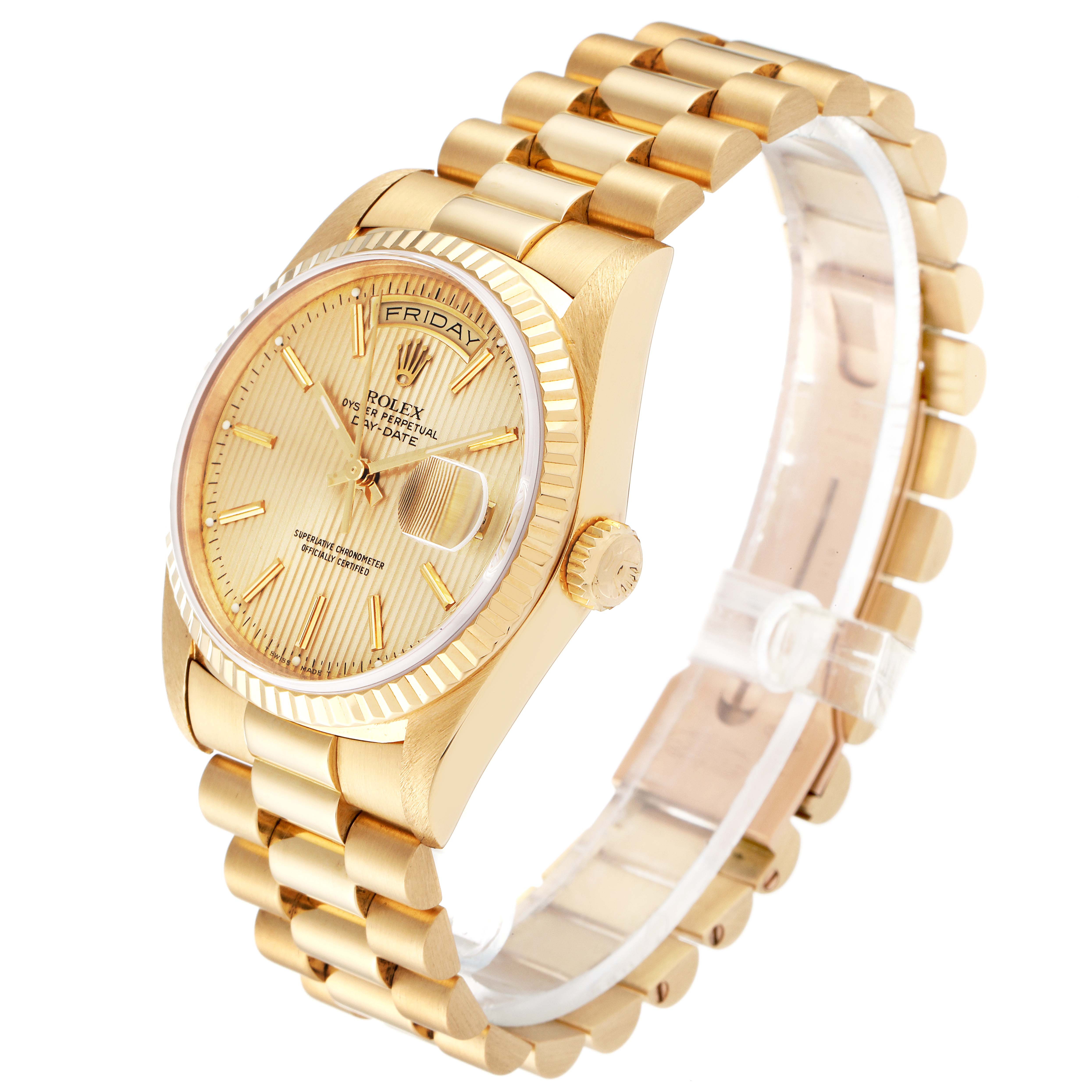 The image shows a Rolex President 18238 Men
s Yellow Gold Champagne Dial 18238 Men
s Yellow Gold Champagne Dial model watch at an angle that highlights its gold dial, fluted bezel, and bracelet.