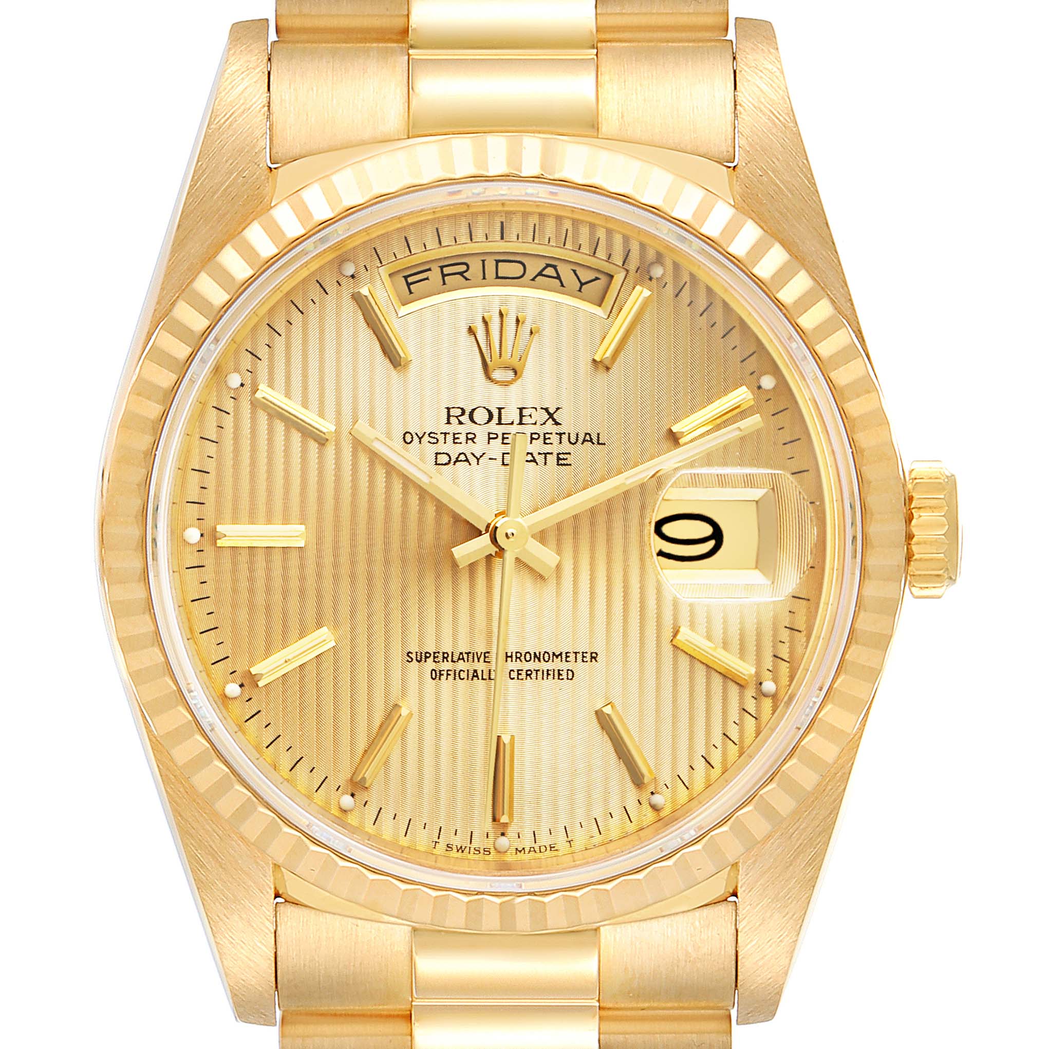 The image shows a front view of a Rolex President 18238 Men
s Yellow Gold Champagne Dial 18238 Men
s Yellow Gold Champagne Dial model, highlighting its gold dial, day and date display, and fluted bezel.