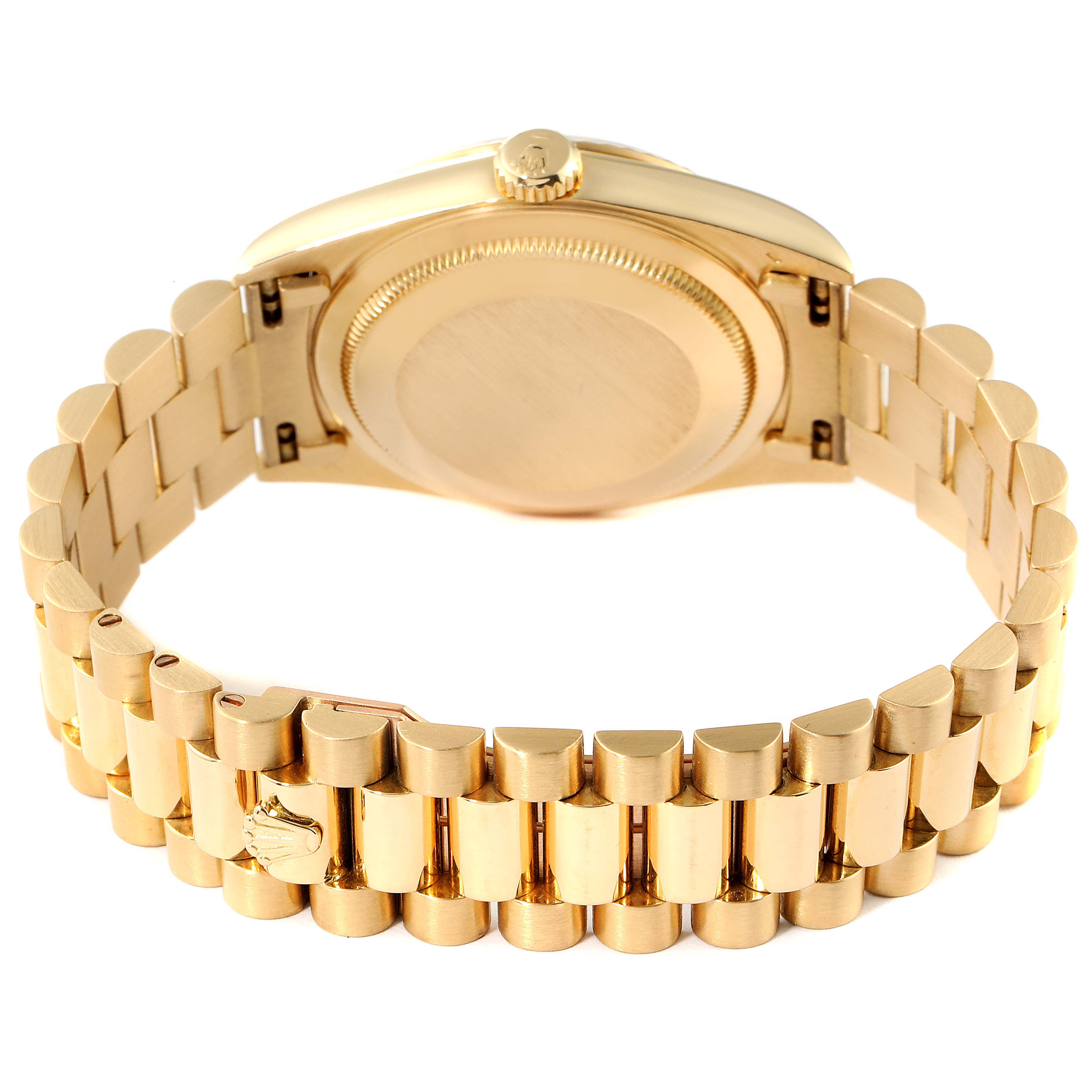 This image shows the back view of a Rolex President 18238 Men
s Yellow Gold Champagne Dial 18238 Men
s Yellow Gold Champagne Dial watch, highlighting the case back, crown, and bracelet.