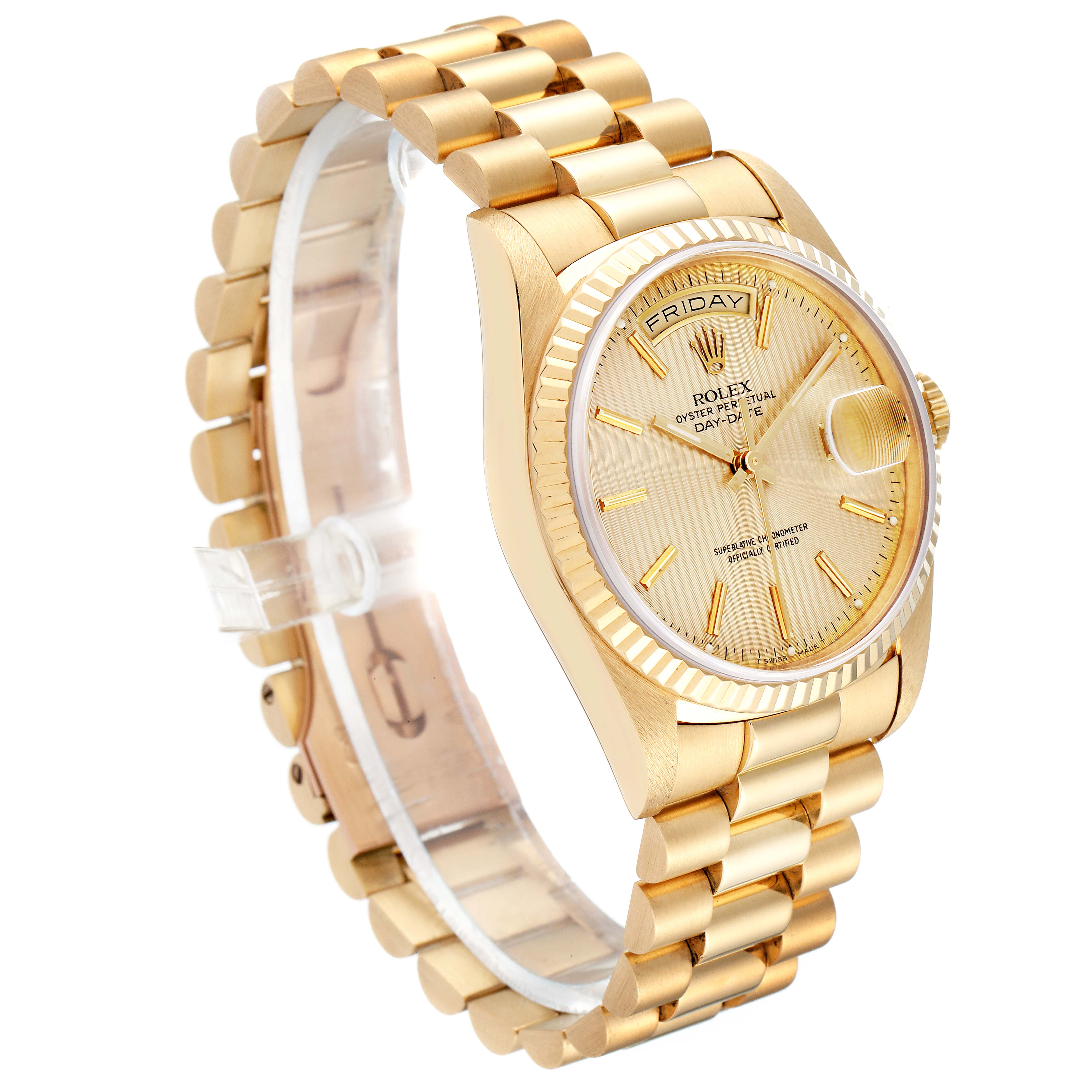 The image shows a side angle view of a Rolex President 18238 Men
s Yellow Gold Champagne Dial 18238 Men
s Yellow Gold Champagne Dial model watch, highlighting its gold bracelet, case, and dial.
