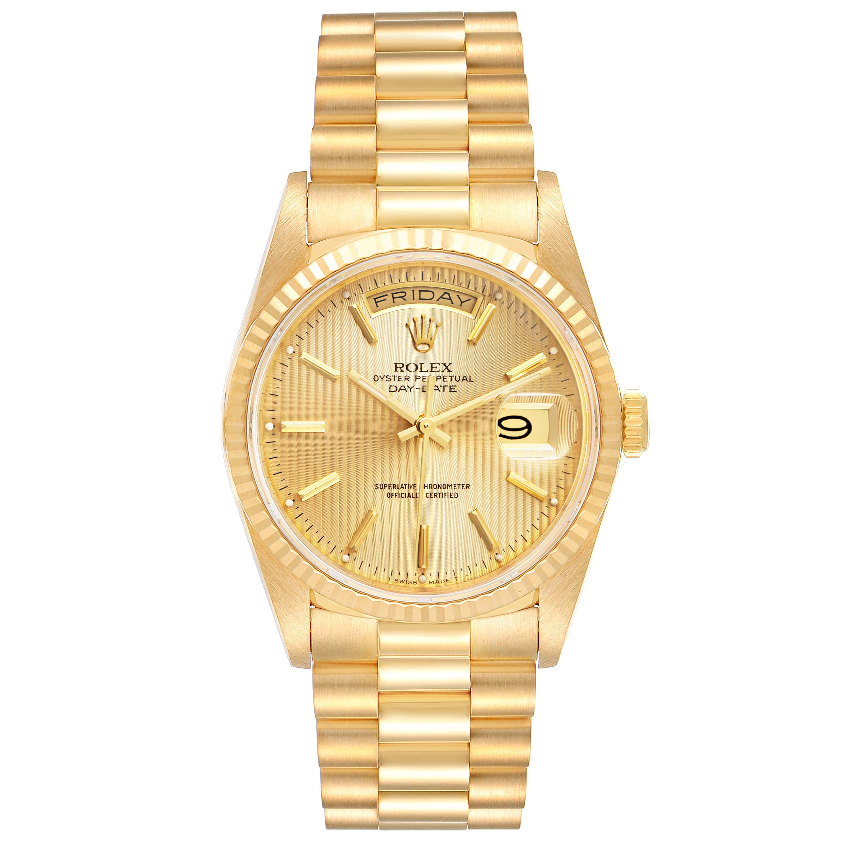 This image shows a front view of the Rolex President 18238 Men
s Yellow Gold Champagne Dial 18238 Men
s Yellow Gold Champagne Dial model watch, featuring its dial, case, and bracelet.