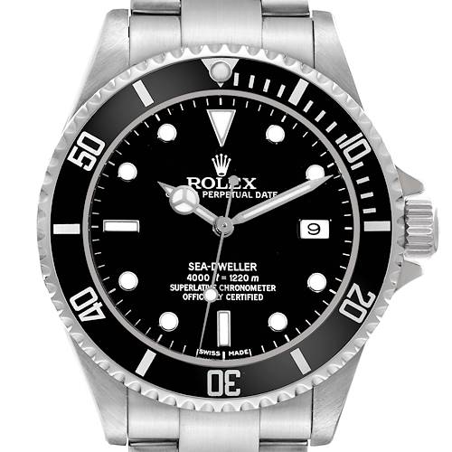 The image shows a front view of the Rolex Sea-Dweller watch, highlighting the dial, bezel, case, and part of the bracelet.