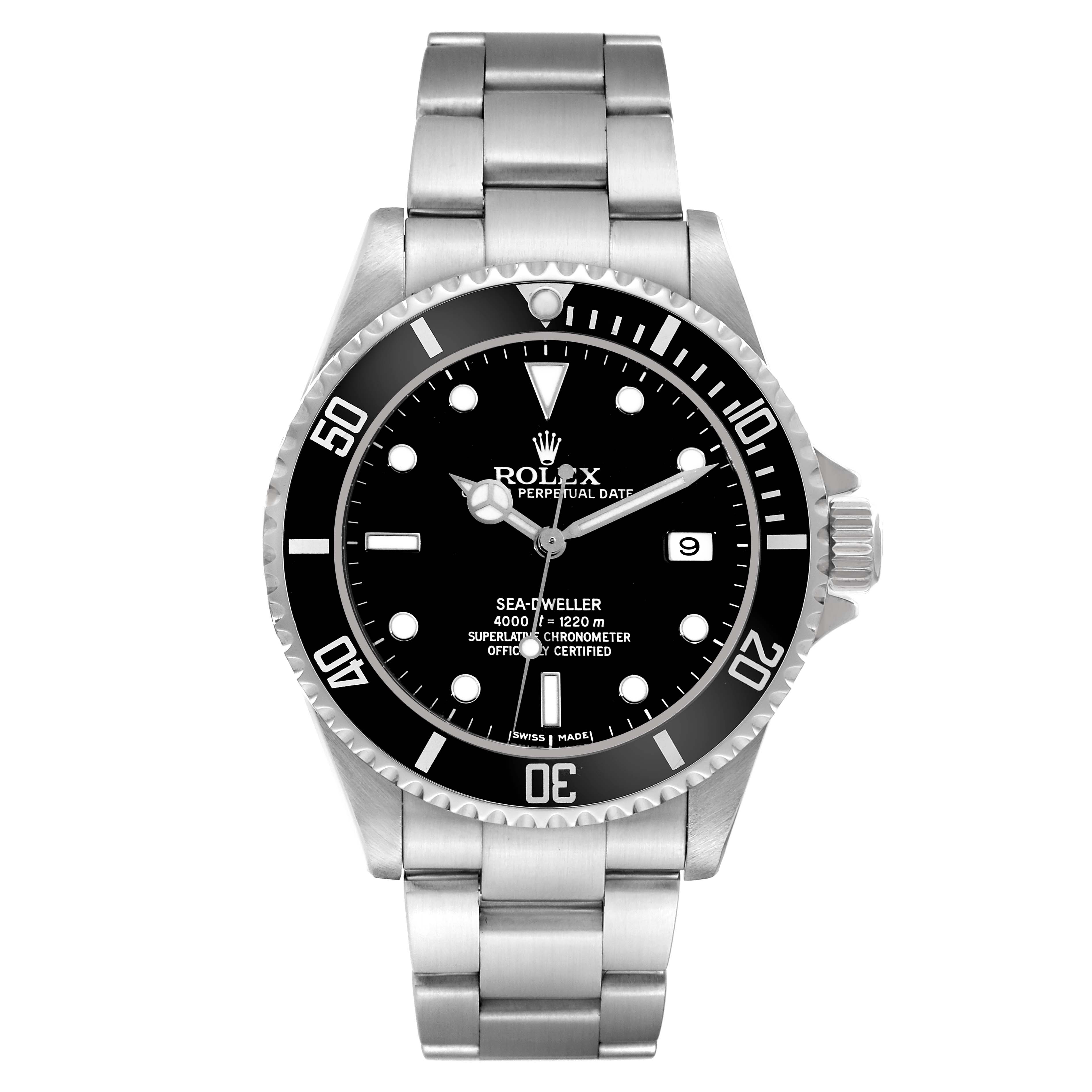 The image shows a front view of the Rolex Sea-Dweller 16600 Men
s Stainless Steel Black Dial 16600 Men
s Stainless Steel Black Dial watch, highlighting its dial, bezel, and stainless steel bracelet.