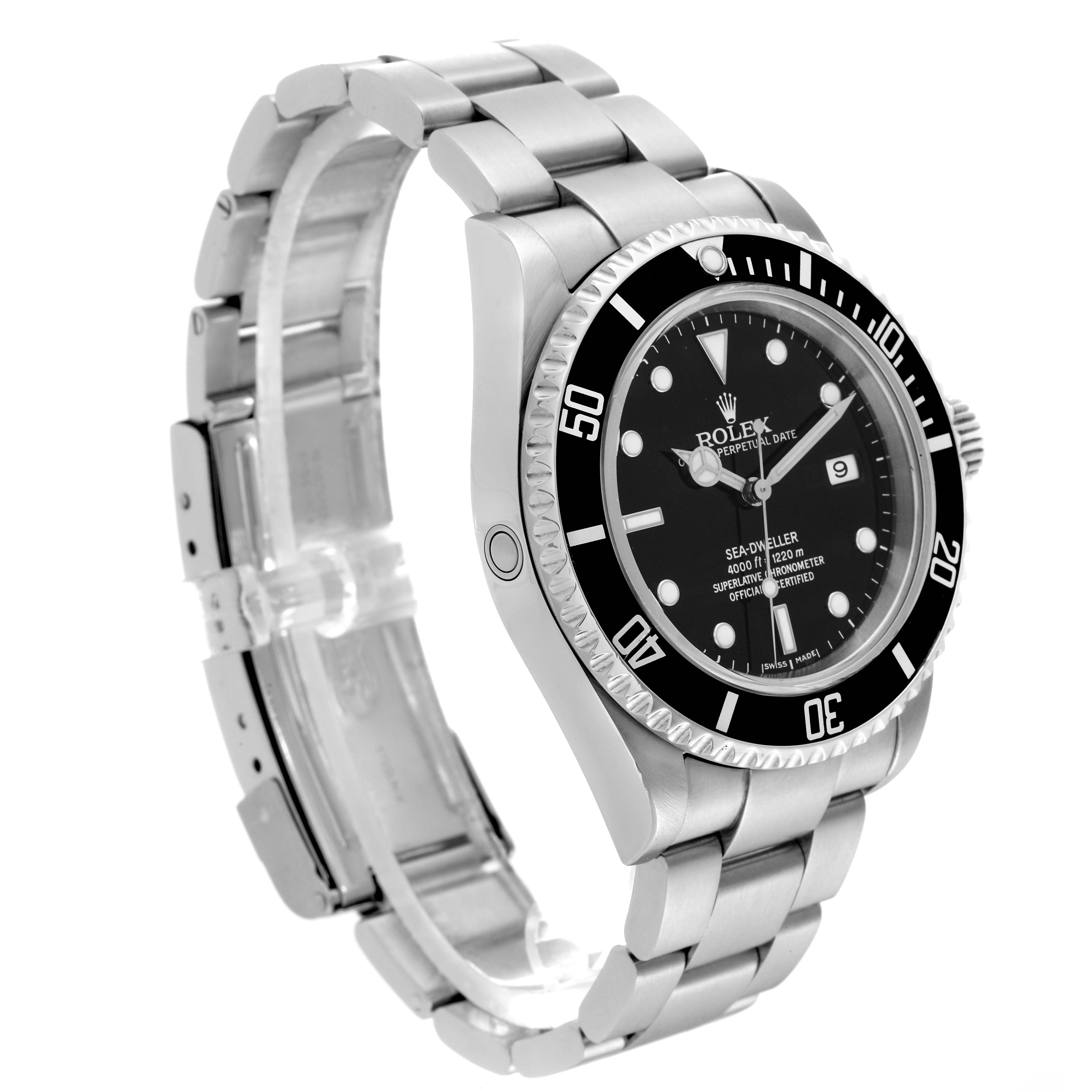 The image shows the side and front angles of the Rolex Sea-Dweller 16600 Men
s Stainless Steel Black Dial 16600 Men
s Stainless Steel Black Dial, highlighting its face, bezel, and part of the bracelet.