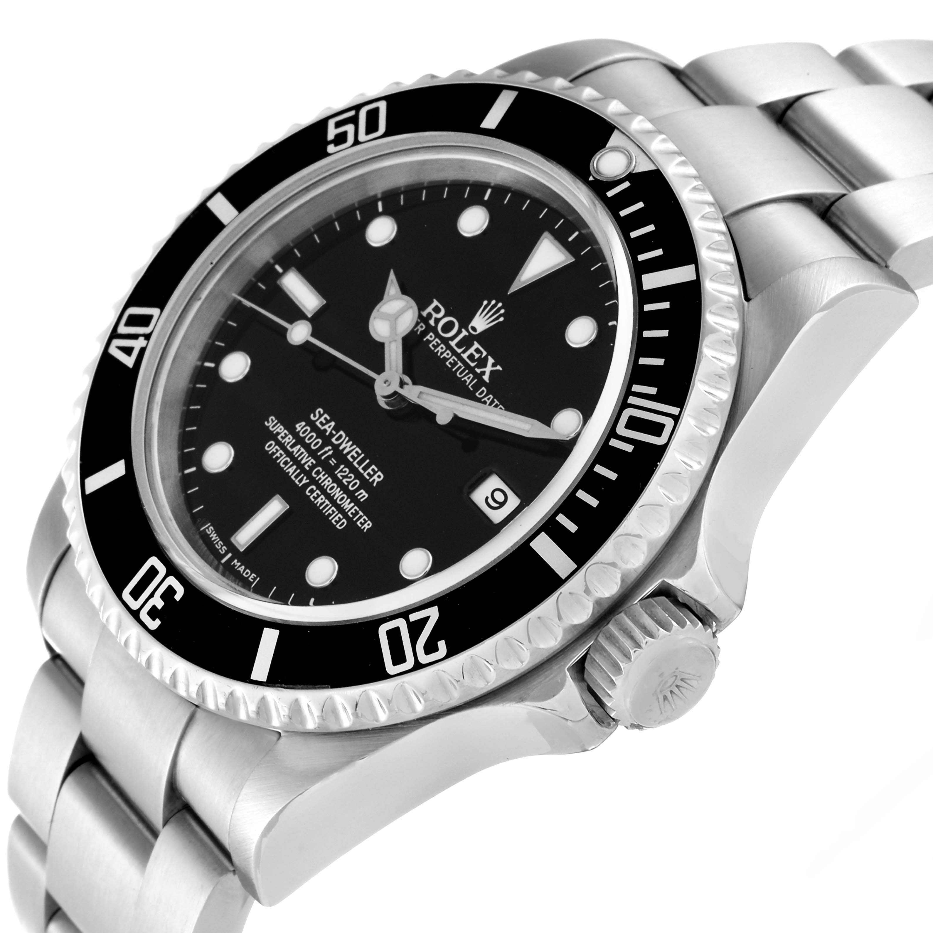 The image shows a side angle of the Rolex Sea-Dweller 16600 Men
s Stainless Steel Black Dial 16600 Men
s Stainless Steel Black Dial watch, highlighting the bezel, crown, and part of the bracelet.