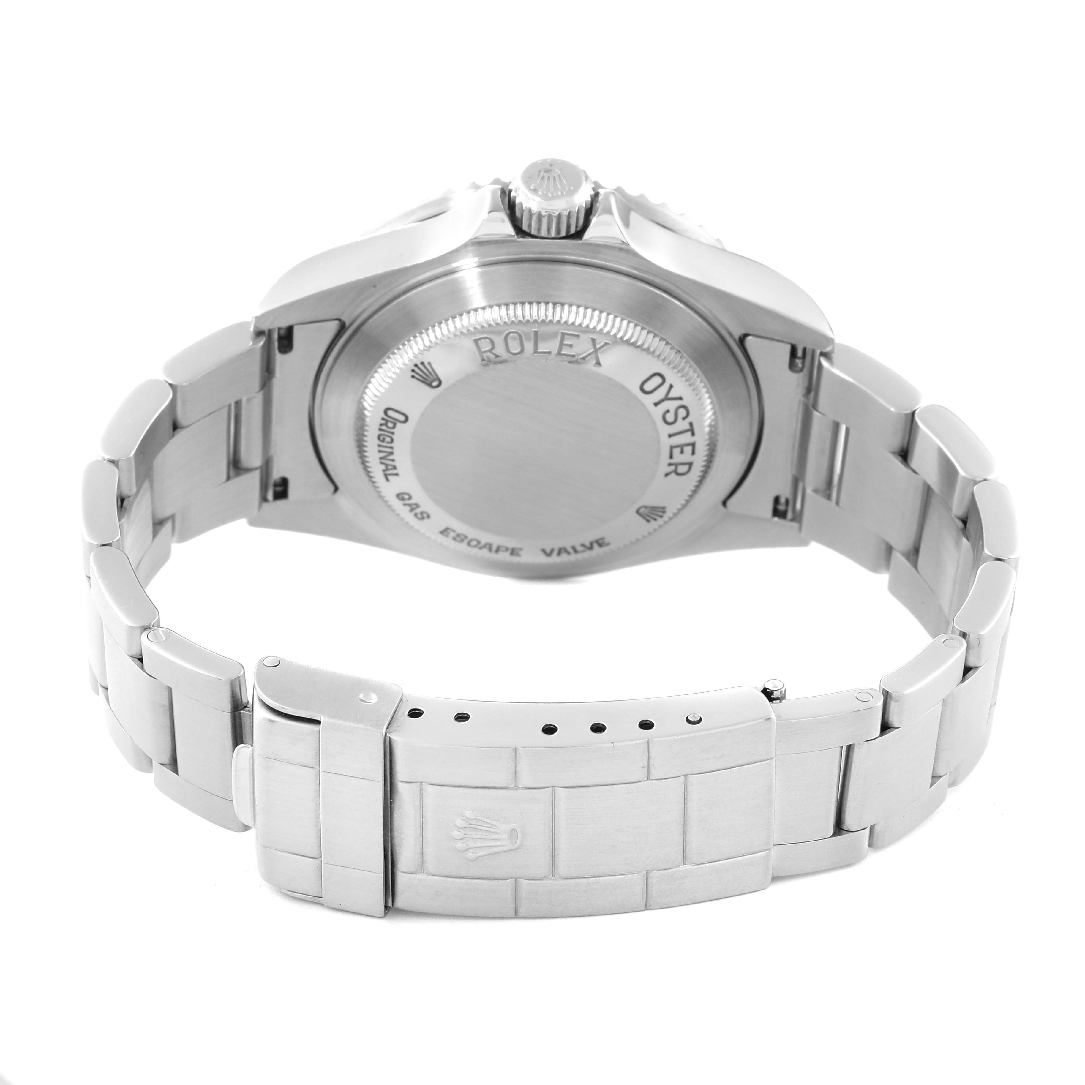This image shows the back and bracelet clasp of a Rolex Sea-Dweller 16600 Men
s Stainless Steel Black Dial 16600 Men
s Stainless Steel Black Dial, highlighting the Oyster case and Helium escape valve.