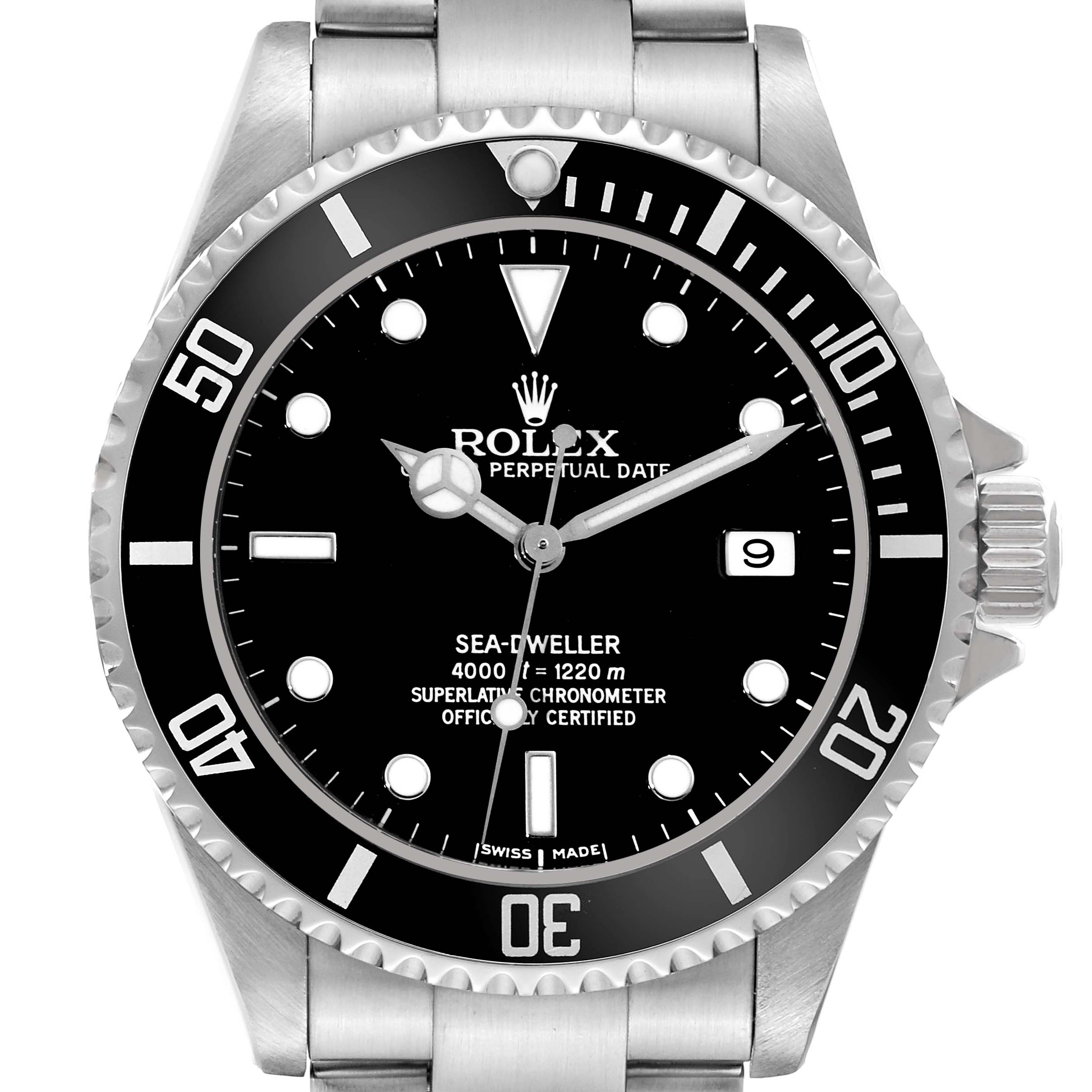 This image shows a front view of the Rolex Sea-Dweller 16600 Men
s Stainless Steel Black Dial 16600 Men
s Stainless Steel Black Dial watch, highlighting the face, bezel, and part of the bracelet.