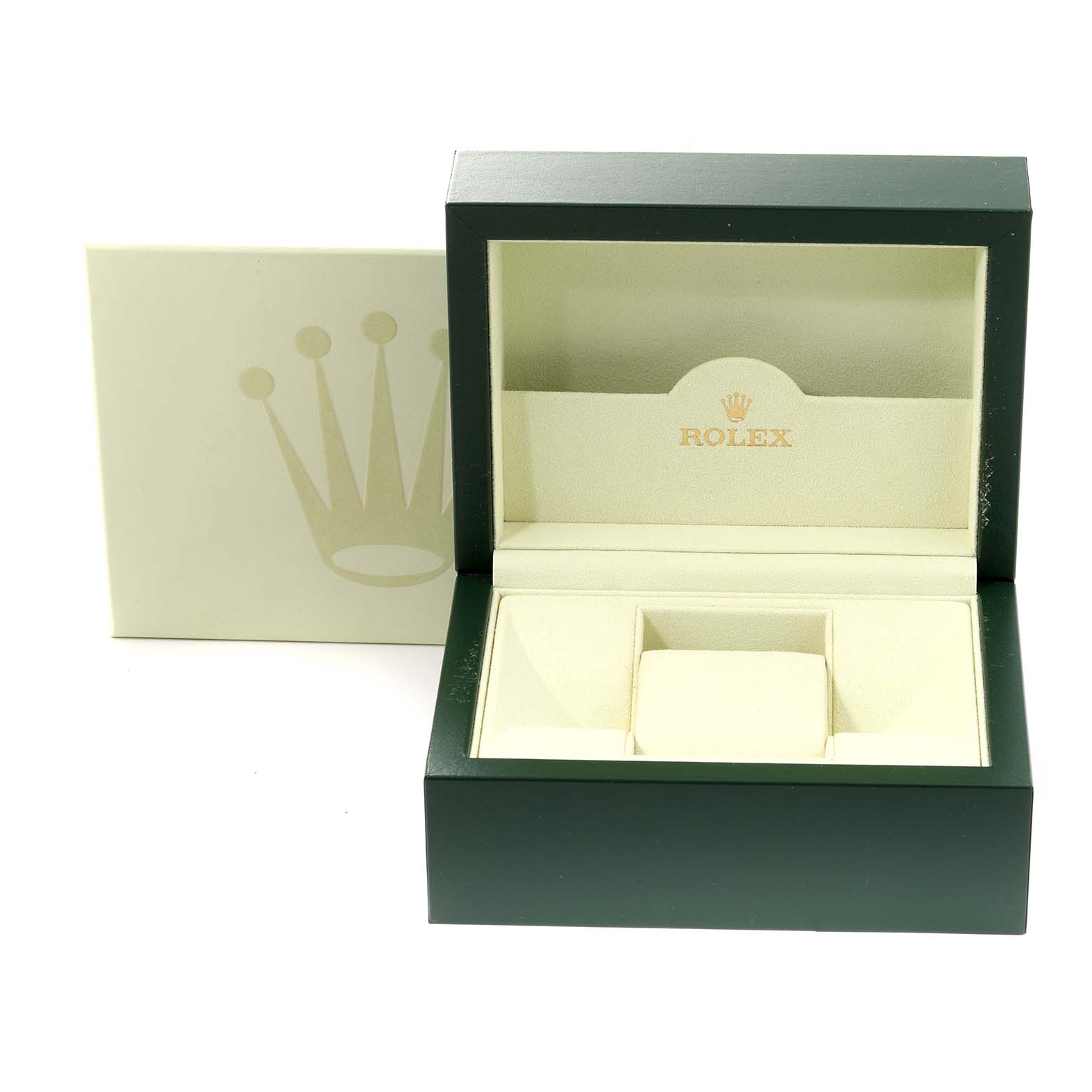 The image shows an open Rolex Sea-Dweller 16600 Men
s Stainless Steel Black Dial 16600 Men
s Stainless Steel Black Dial watch box, displaying its cushioned interior and outer packaging.