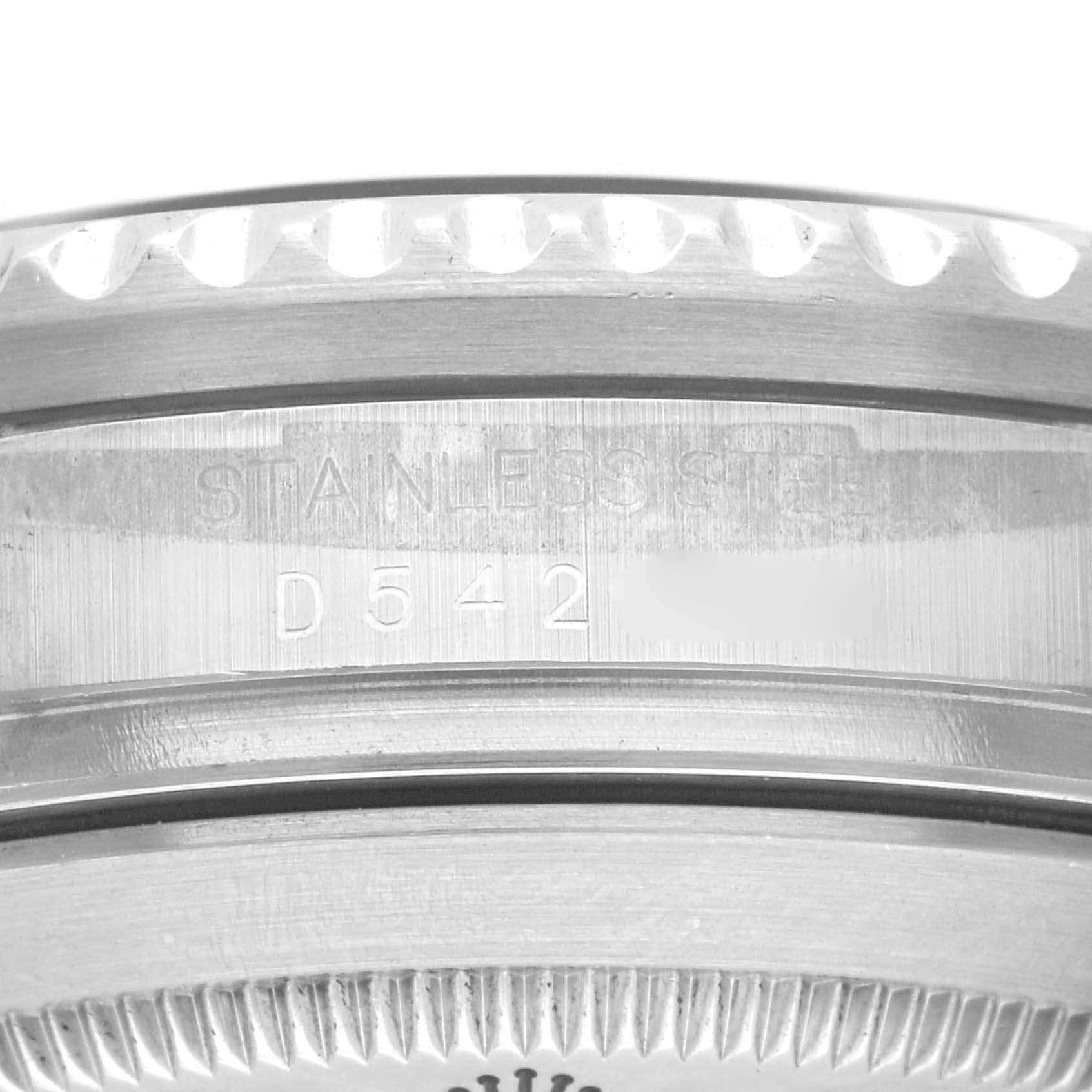 This is a close-up shot of the case back and side engraving on a Rolex Sea-Dweller 16600 Men
s Stainless Steel Black Dial 16600 Men
s Stainless Steel Black Dial watch, highlighting the stainless steel material and serial number.