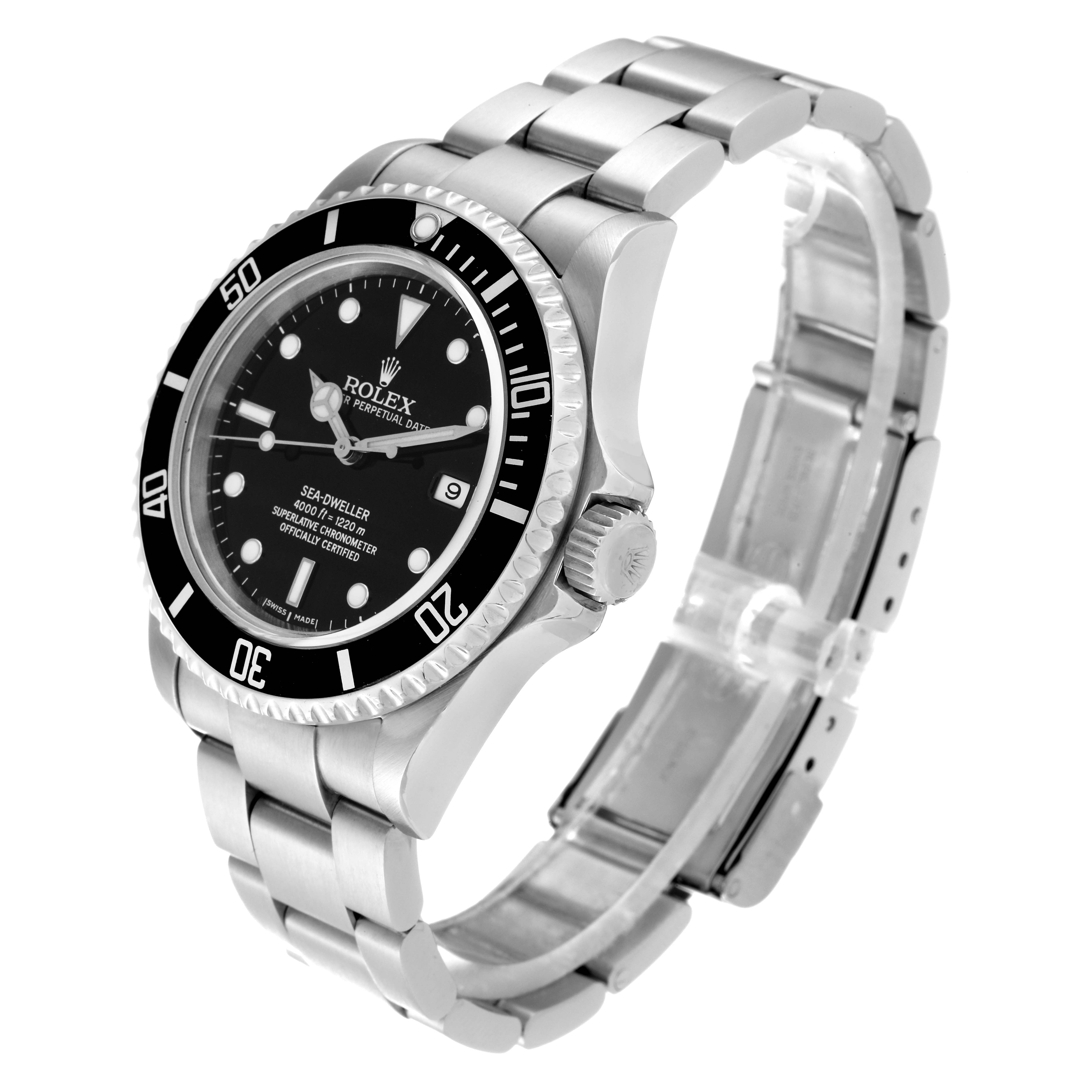 This image shows a Rolex Sea-Dweller 16600 Men
s Stainless Steel Black Dial 16600 Men
s Stainless Steel Black Dial watch at a 3/4 angle, highlighting the face, bezel, crown, and bracelet.