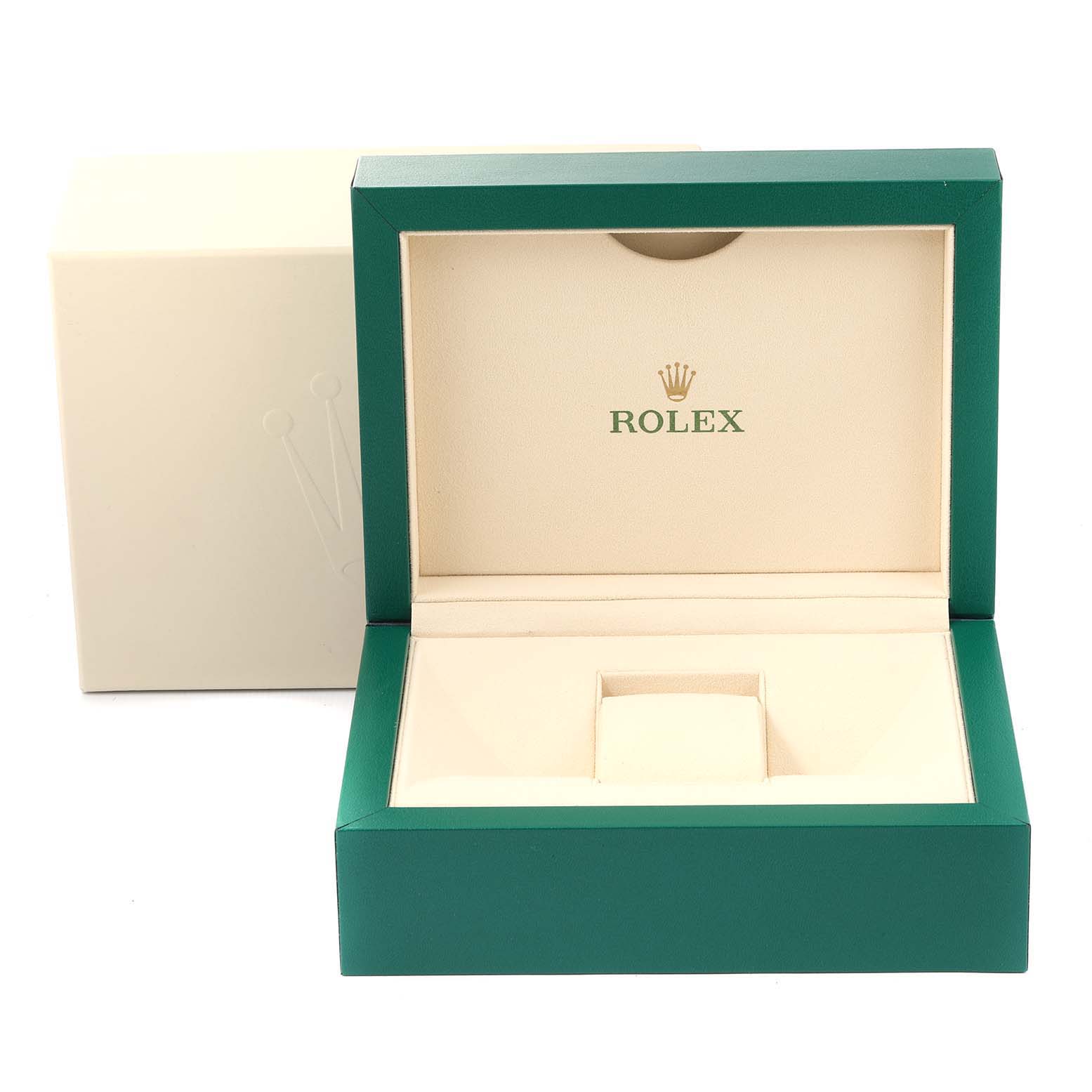 The image shows the open green and beige box of a Rolex Sea-Dweller 126660 Men's Stainless Steel Blue Dial 126660 Men's Stainless Steel Blue Dial watch, displaying the interior watch holder.