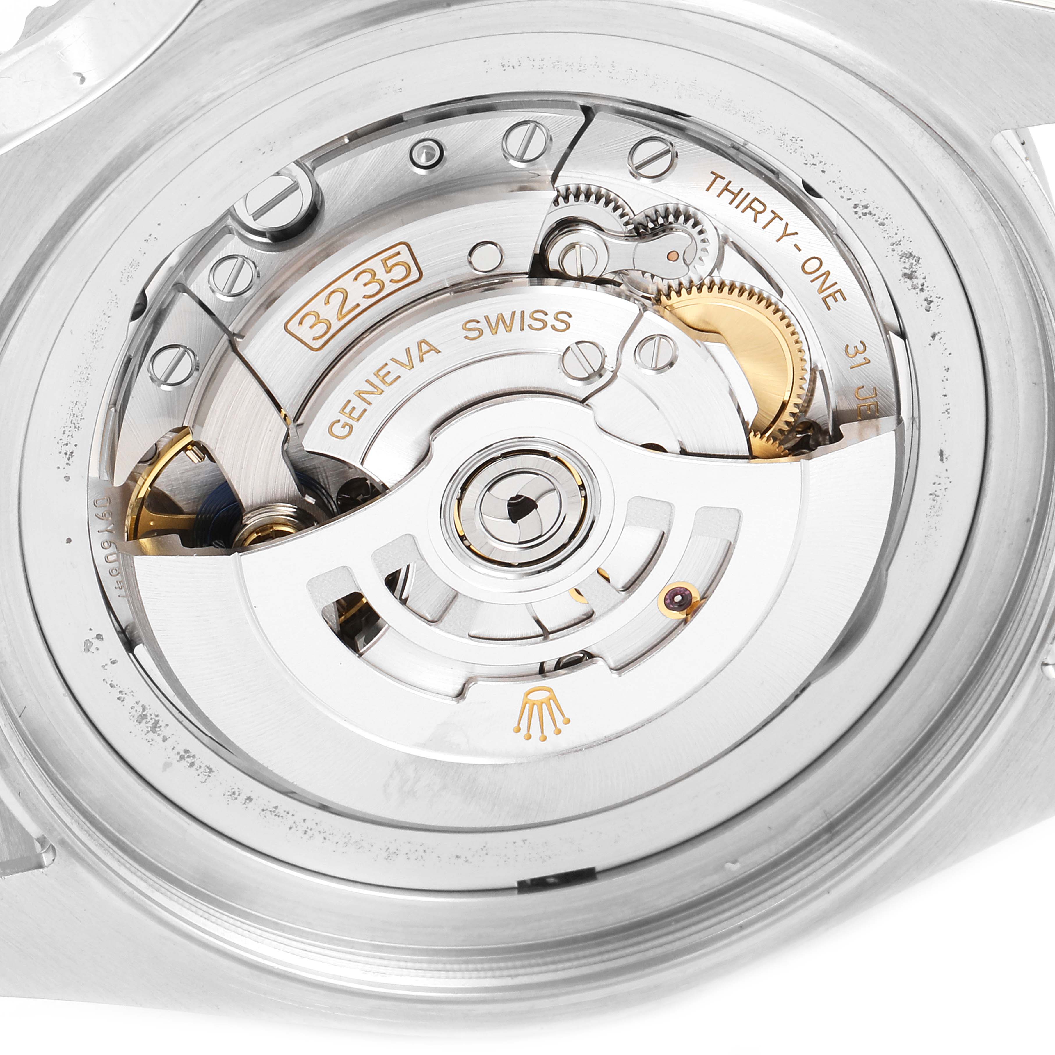 This image shows a close-up of the movement mechanism inside a Rolex Sea-Dweller 126660 Men's Stainless Steel Blue Dial 126660 Men's Stainless Steel Blue Dial watch.