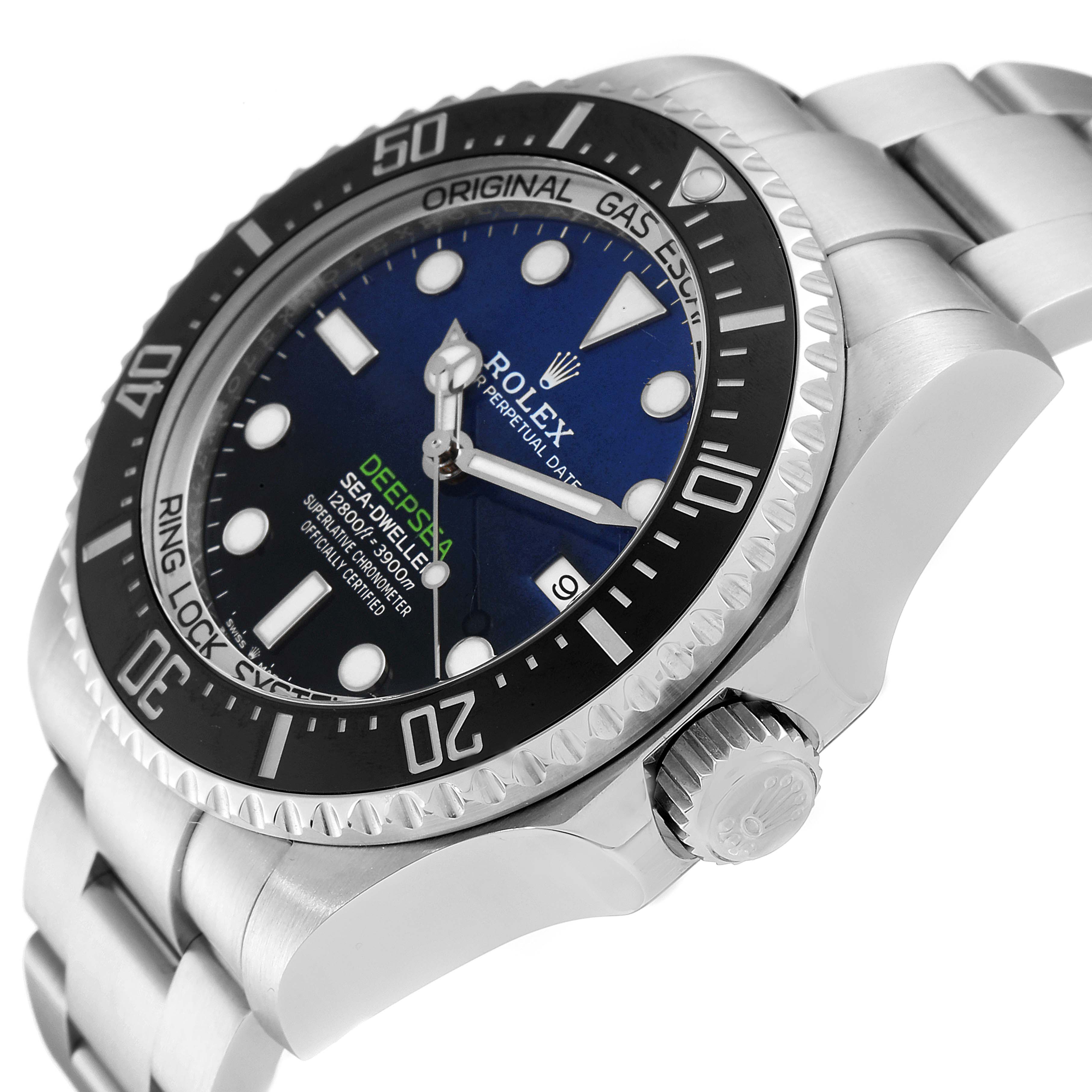 The image shows a side angle of the Rolex Sea-Dweller 126660 Men's Stainless Steel Blue Dial 126660 Men's Stainless Steel Blue Dial watch, focusing on the bezel, dial, and crown.