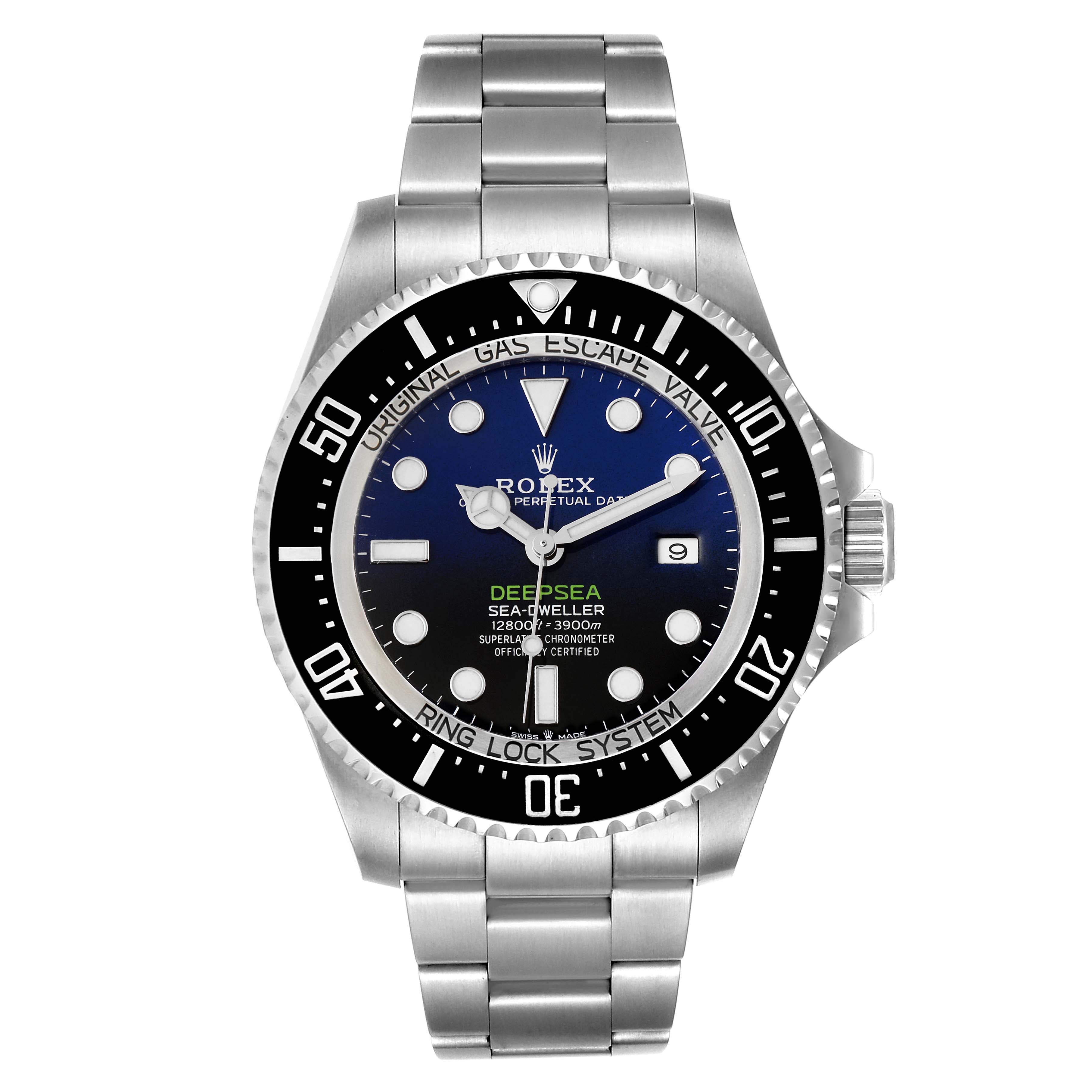 The Rolex Sea-Dweller 126660 Men's Stainless Steel Blue Dial 126660 Men's Stainless Steel Blue Dial watch is shown from the front, displaying its face, bezel, and bracelet.