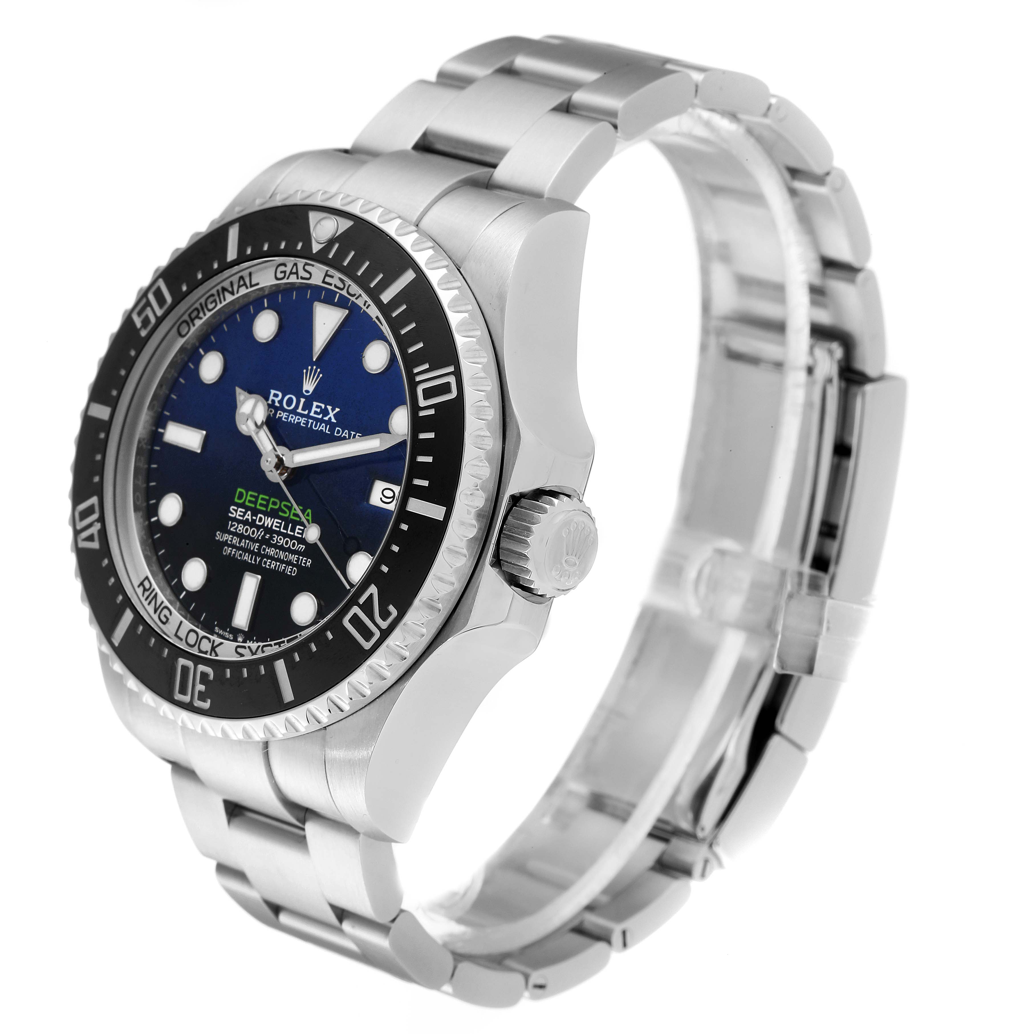 The Rolex Sea-Dweller 126660 Men's Stainless Steel Blue Dial 126660 Men's Stainless Steel Blue Dial watch is shown at an angle, highlighting its face, bezel, crown, and bracelet.