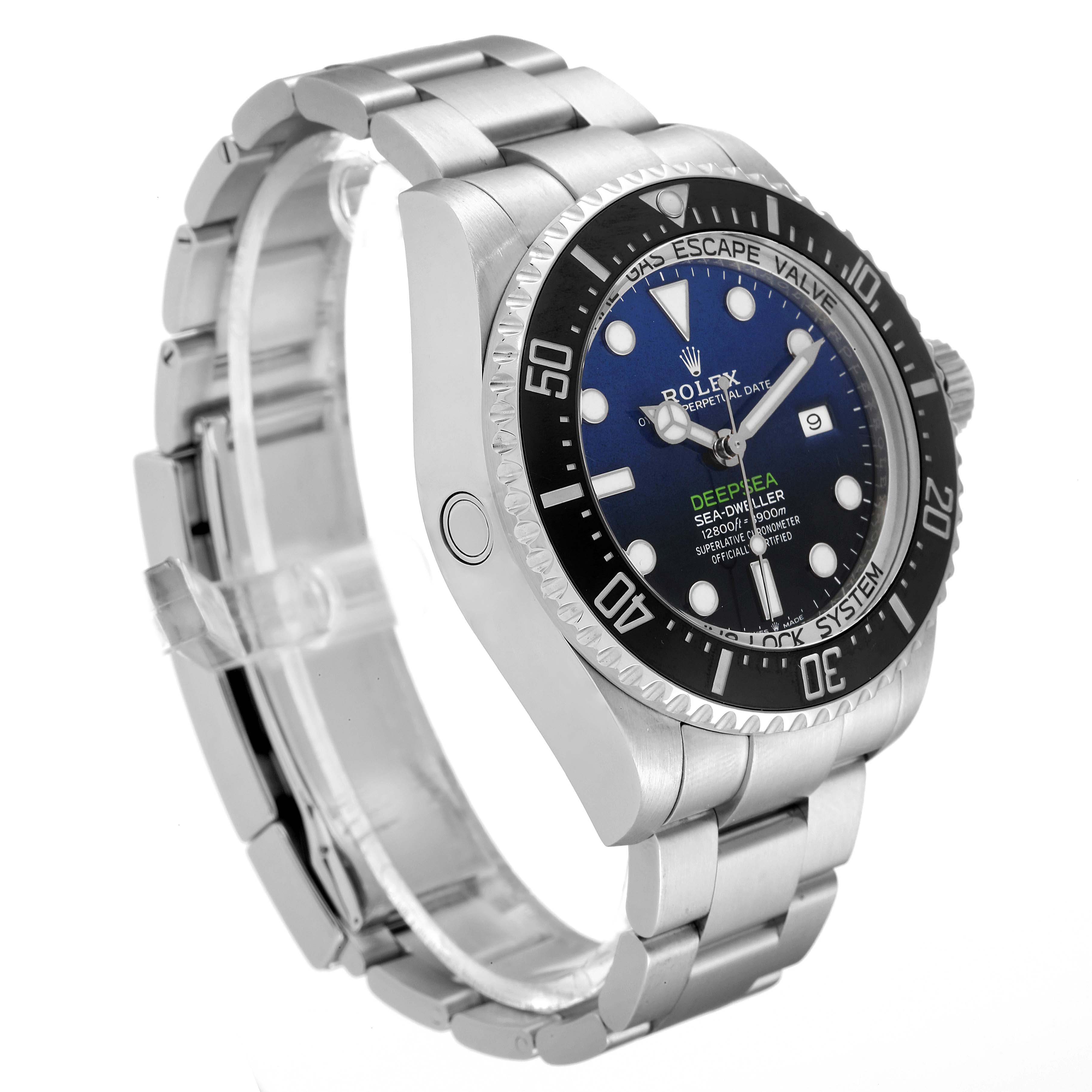 The image shows a Rolex Sea-Dweller 126660 Men's Stainless Steel Blue Dial 126660 Men's Stainless Steel Blue Dial watch at a slight side angle, highlighting the bracelet, case, bezel, face, and crown.