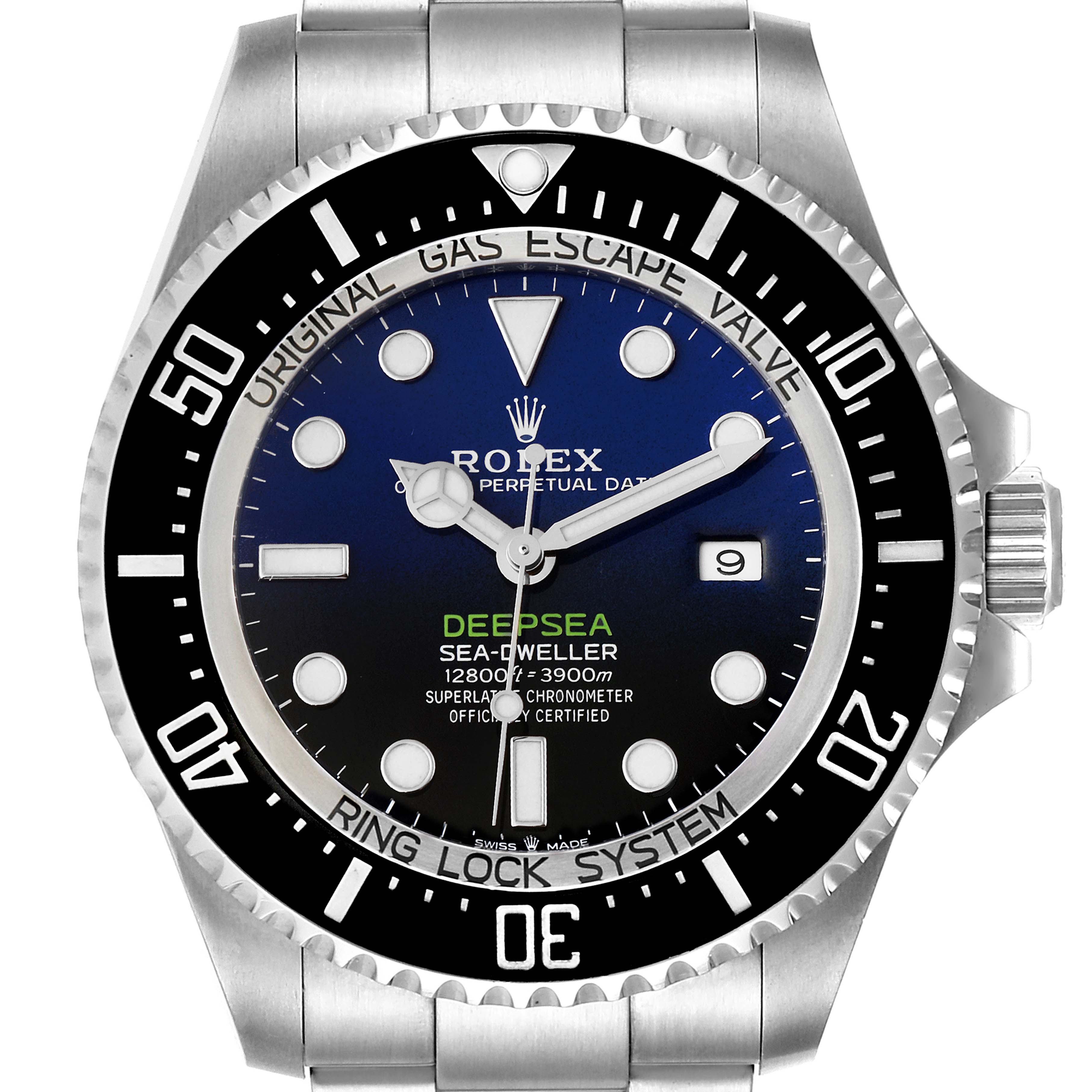 The image shows a front view of a Rolex Sea-Dweller 126660 Men's Stainless Steel Blue Dial 126660 Men's Stainless Steel Blue Dial watch, highlighting the dial, bezel, bracelet, and crown.