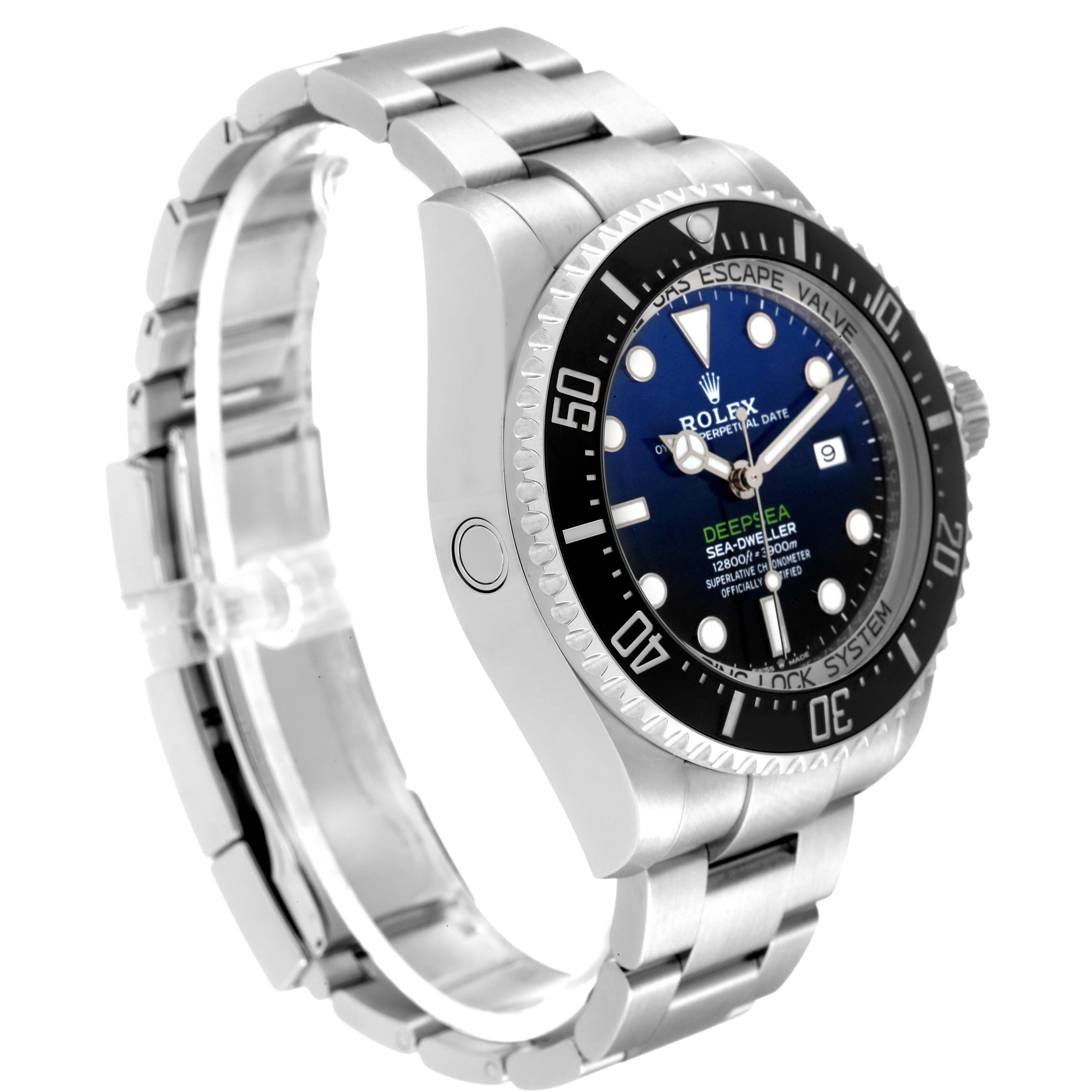 The image shows an angled view of a Rolex Sea-Dweller 126660 Men's Stainless Steel Blue Dial 126660 Men's Stainless Steel Blue Dial watch highlighting its face, bezel, and metal bracelet.