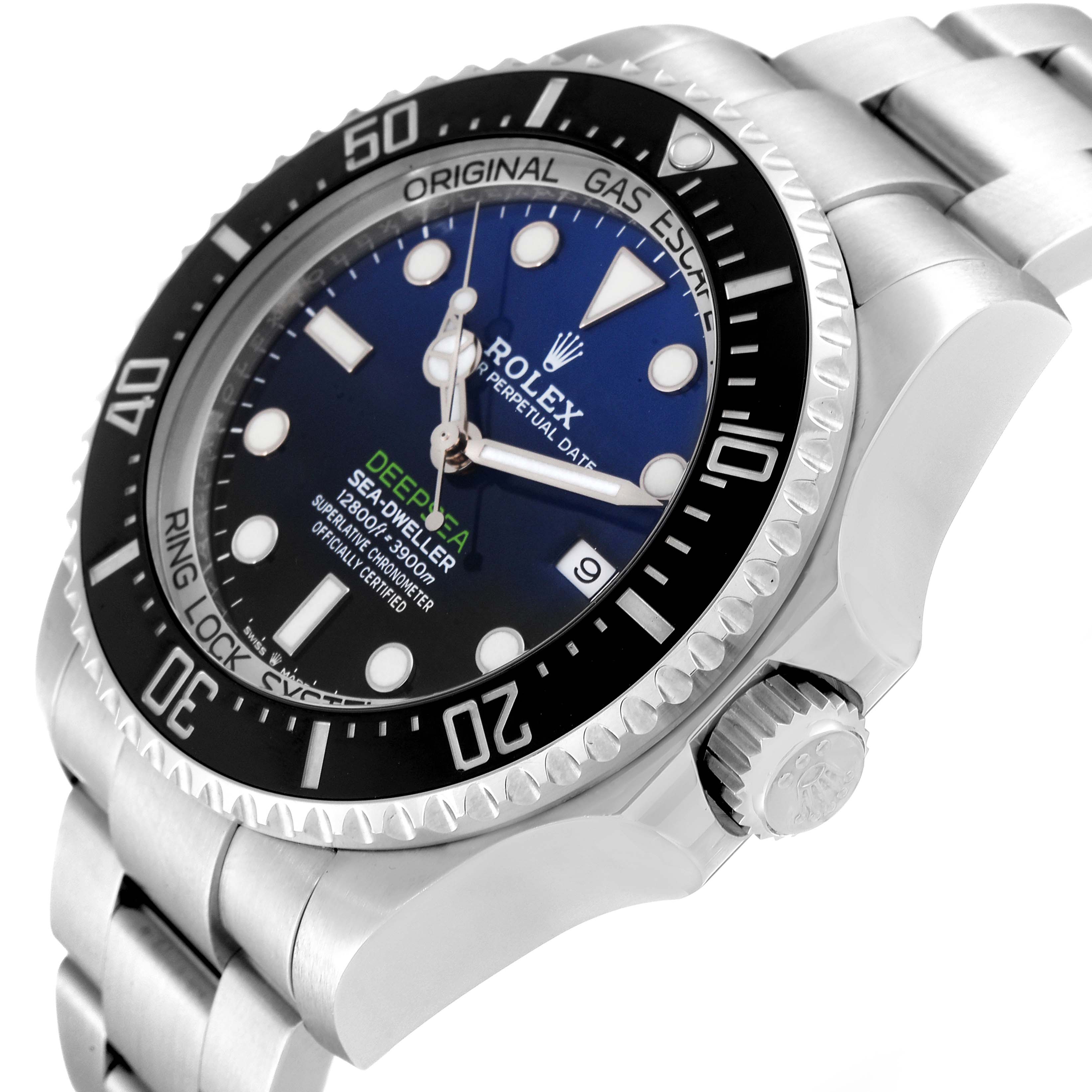 This image shows a Rolex Sea-Dweller 126660 Men's Stainless Steel Blue Dial 126660 Men's Stainless Steel Blue Dial watch from an angled side view, highlighting the bezel, crown, bracelet, and face.
