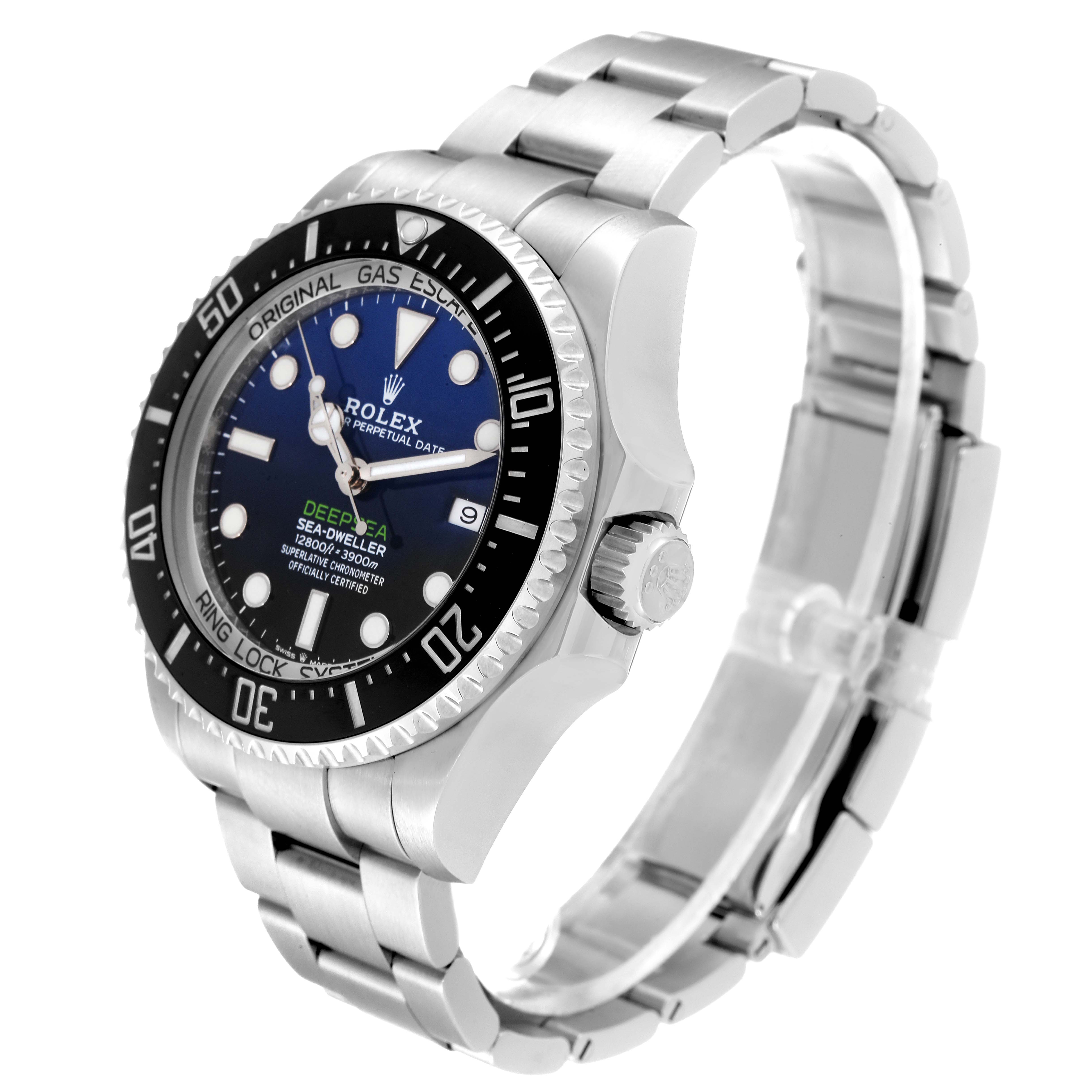 This image shows a side view of the Rolex Sea-Dweller 126660 Men's Stainless Steel Blue Dial 126660 Men's Stainless Steel Blue Dial watch, highlighting its bezel, dial, crown, and bracelet.