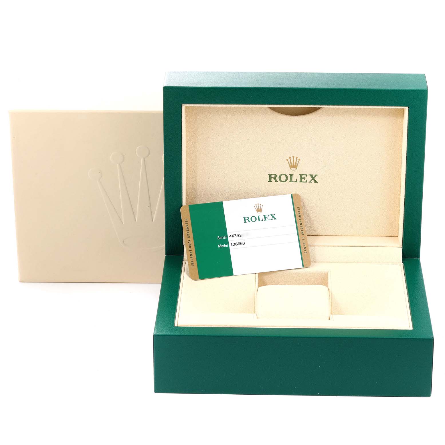 The image shows the packaging and authentication card for the Rolex Sea-Dweller 126660 Men's Stainless Steel Blue Dial 126660 Men's Stainless Steel Blue Dial model, with the box open and display spot empty.