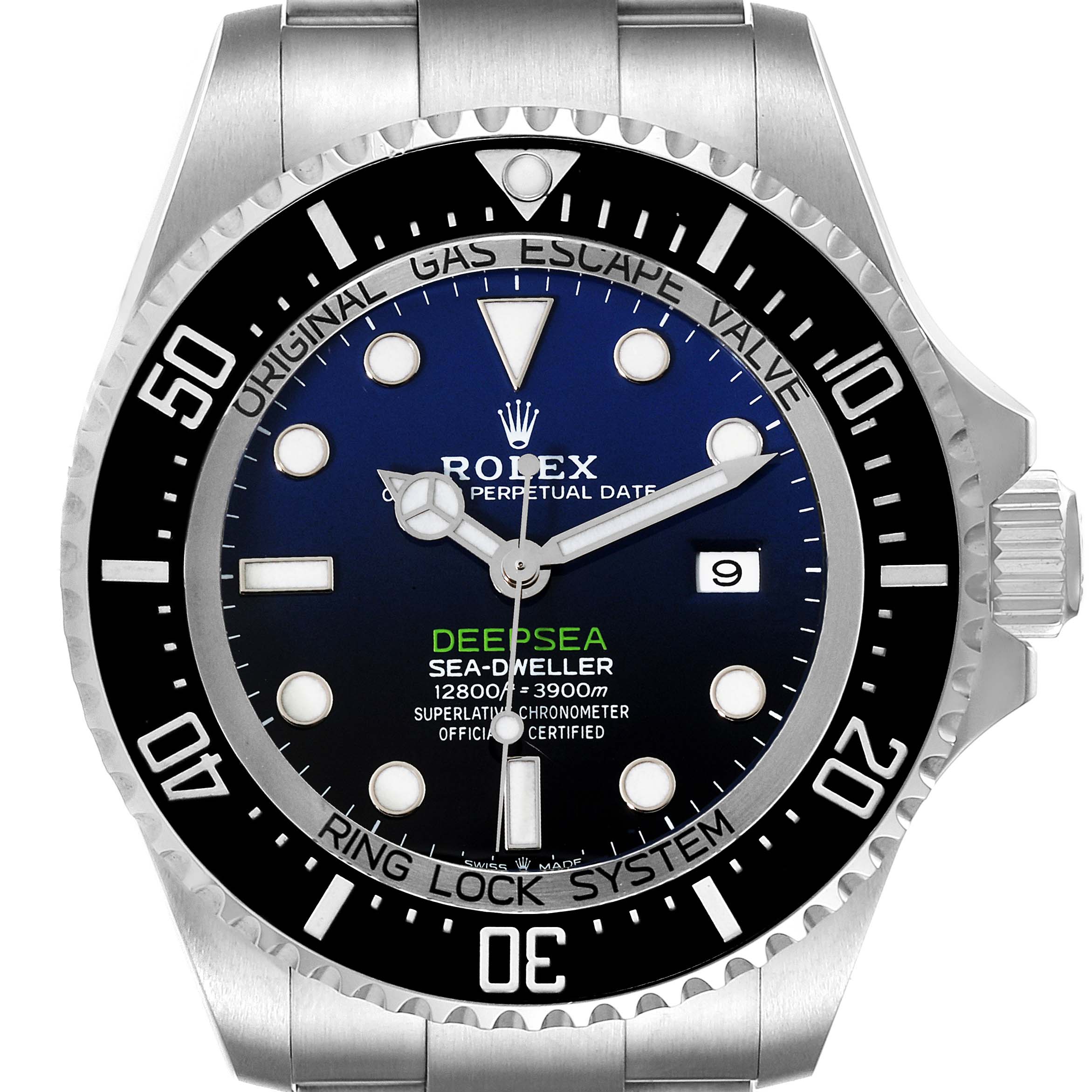 The image shows a front view of the Rolex Sea-Dweller 126660 Men's Stainless Steel Blue Dial 126660 Men's Stainless Steel Blue Dial watch, highlighting the dial, bezel, hands, and part of the bracelet.