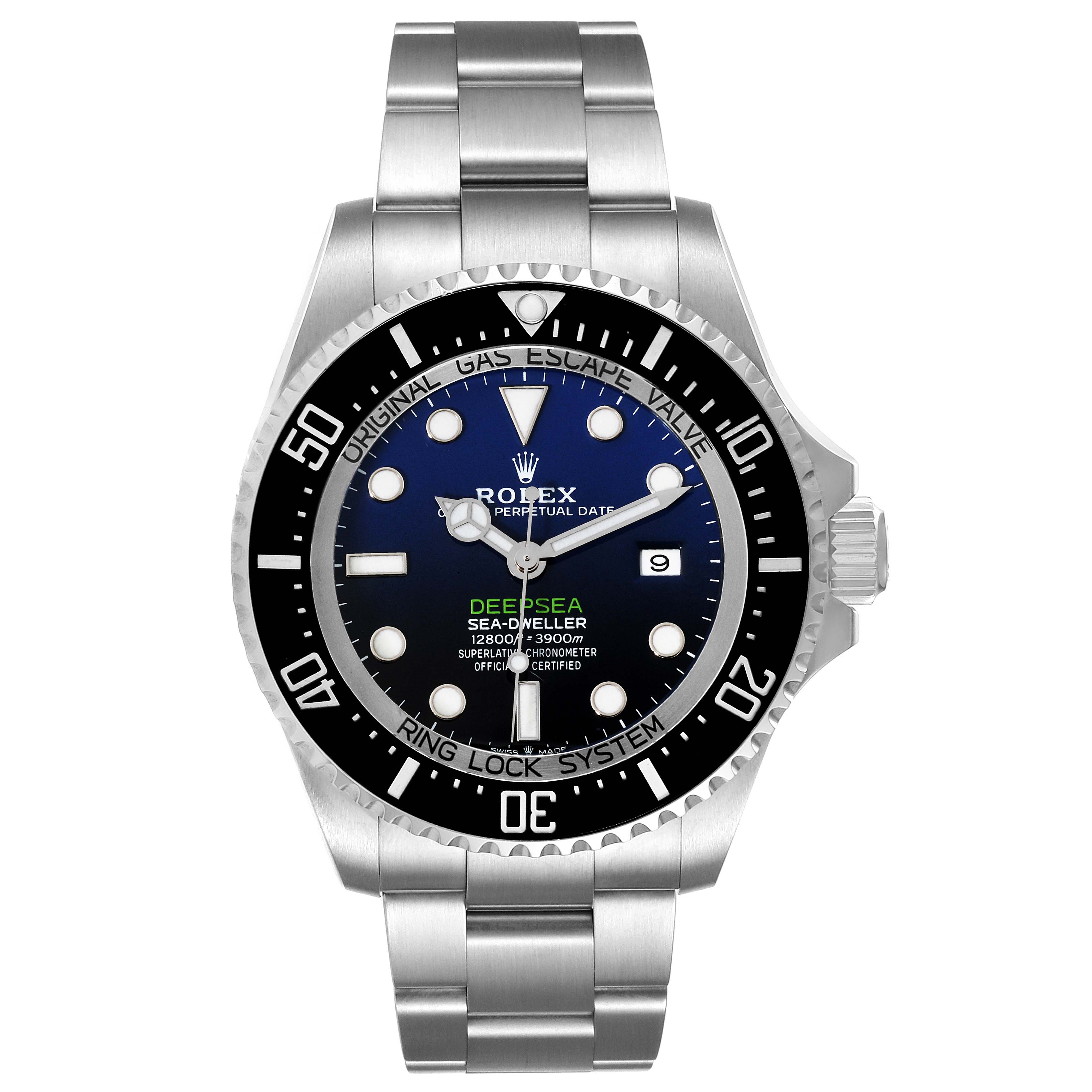 This image shows a front view of the Rolex Sea-Dweller 126660 Men's Stainless Steel Blue Dial 126660 Men's Stainless Steel Blue Dial watch, highlighting the dial, bezel, and stainless steel bracelet.