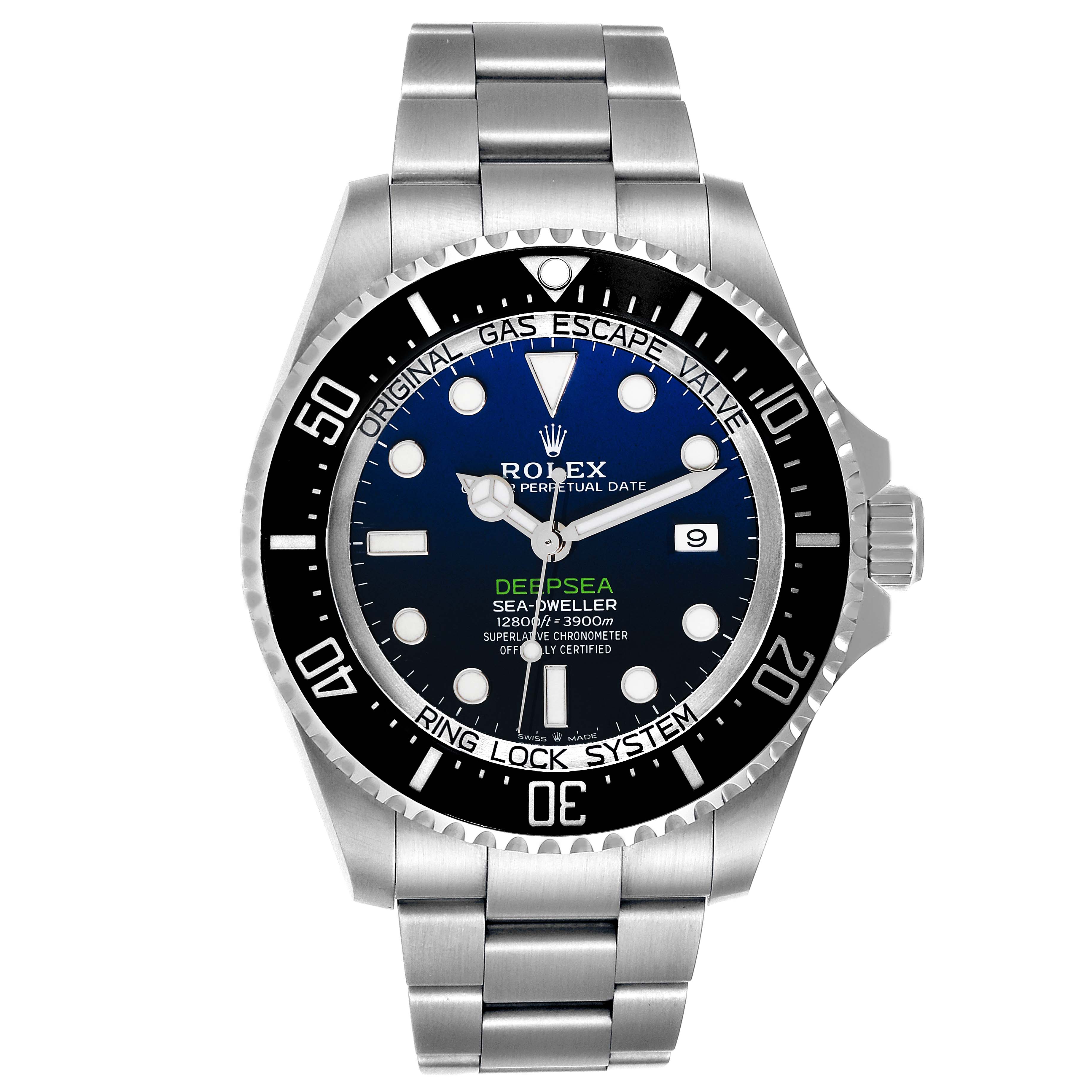 The image shows a front view of the Rolex Sea-Dweller 126660 Men's Stainless Steel Blue Dial 126660 Men's Stainless Steel Blue Dial watch, displaying its dial, bezel, and bracelet.