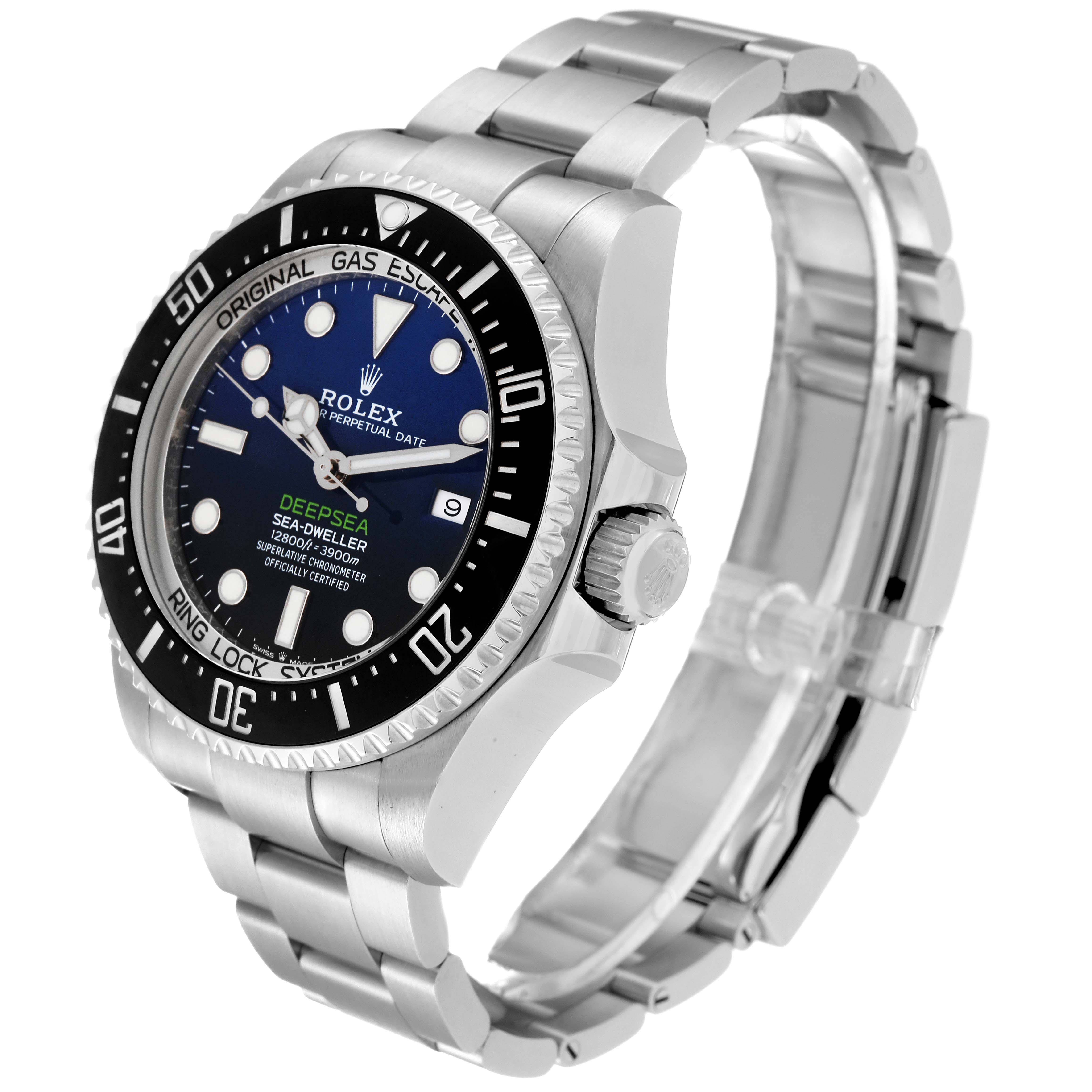 The Rolex Sea-Dweller 126660 Men's Stainless Steel Blue Dial 126660 Men's Stainless Steel Blue Dial watch is shown at a 3/4 angle, displaying its face, bezel, crown, and stainless steel bracelet.