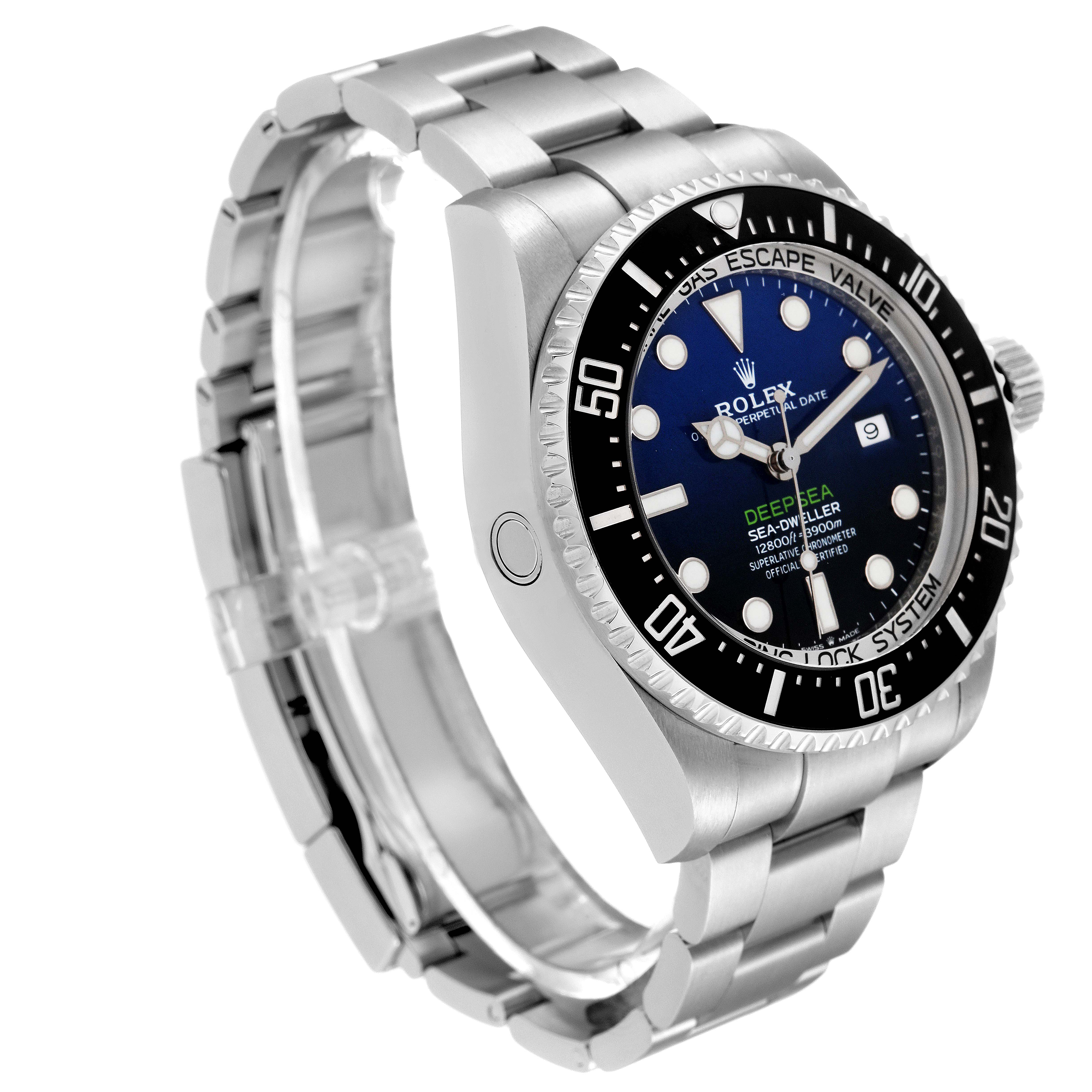 The Rolex Sea-Dweller 126660 Men's Stainless Steel Blue Dial 126660 Men's Stainless Steel Blue Dial watch is shown at an angled side view, highlighting the bezel, dial, and partially the bracelet.