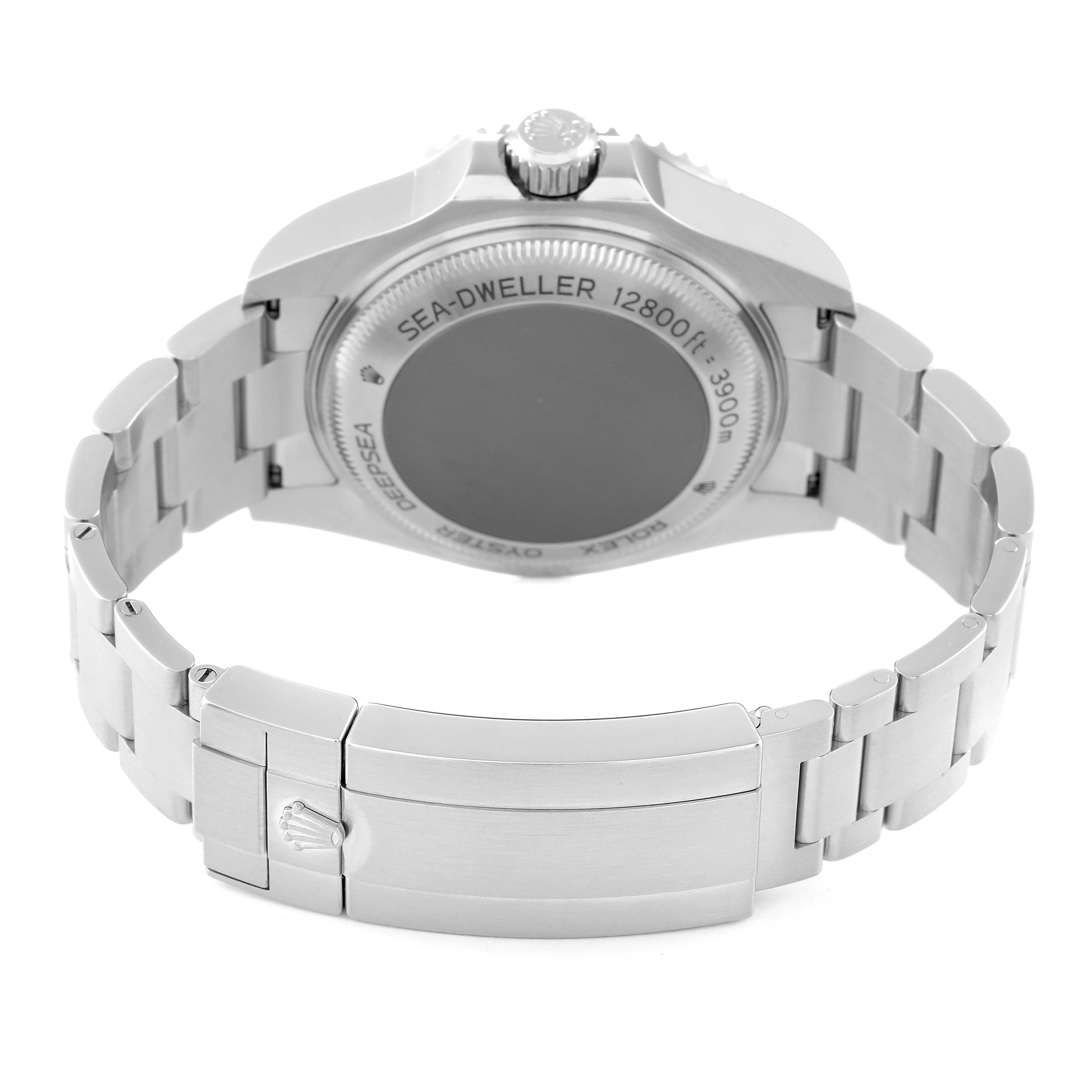 This image shows the back and clasp of a Rolex Sea-Dweller 126660 Men's Stainless Steel Blue Dial 126660 Men's Stainless Steel Blue Dial watch from an oblique angle.