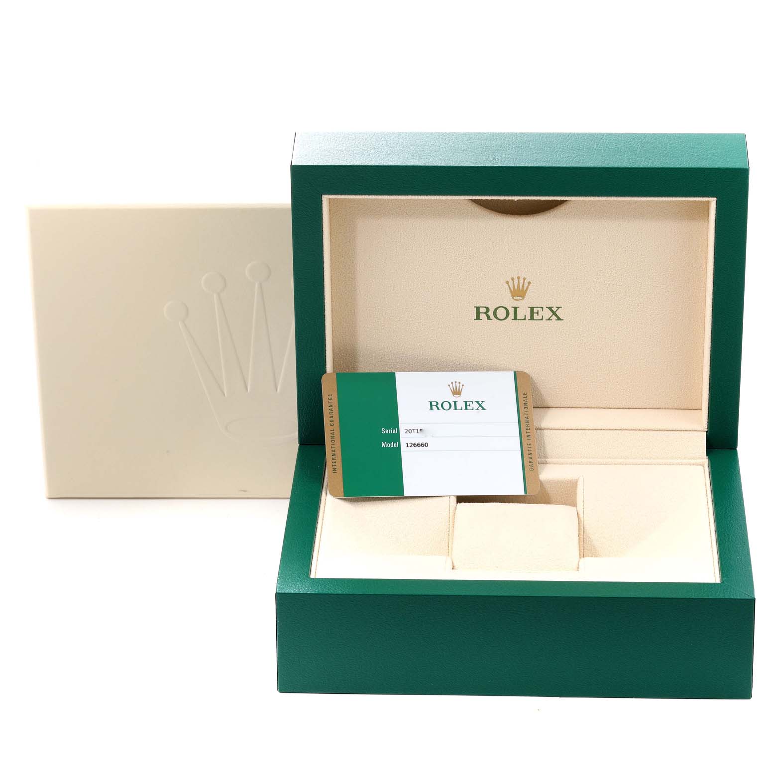 The image shows an open Rolex Sea-Dweller 126660 Men's Stainless Steel Black Dial 126660 Men's Stainless Steel Black Dial watch box and warranty card from a front angle.