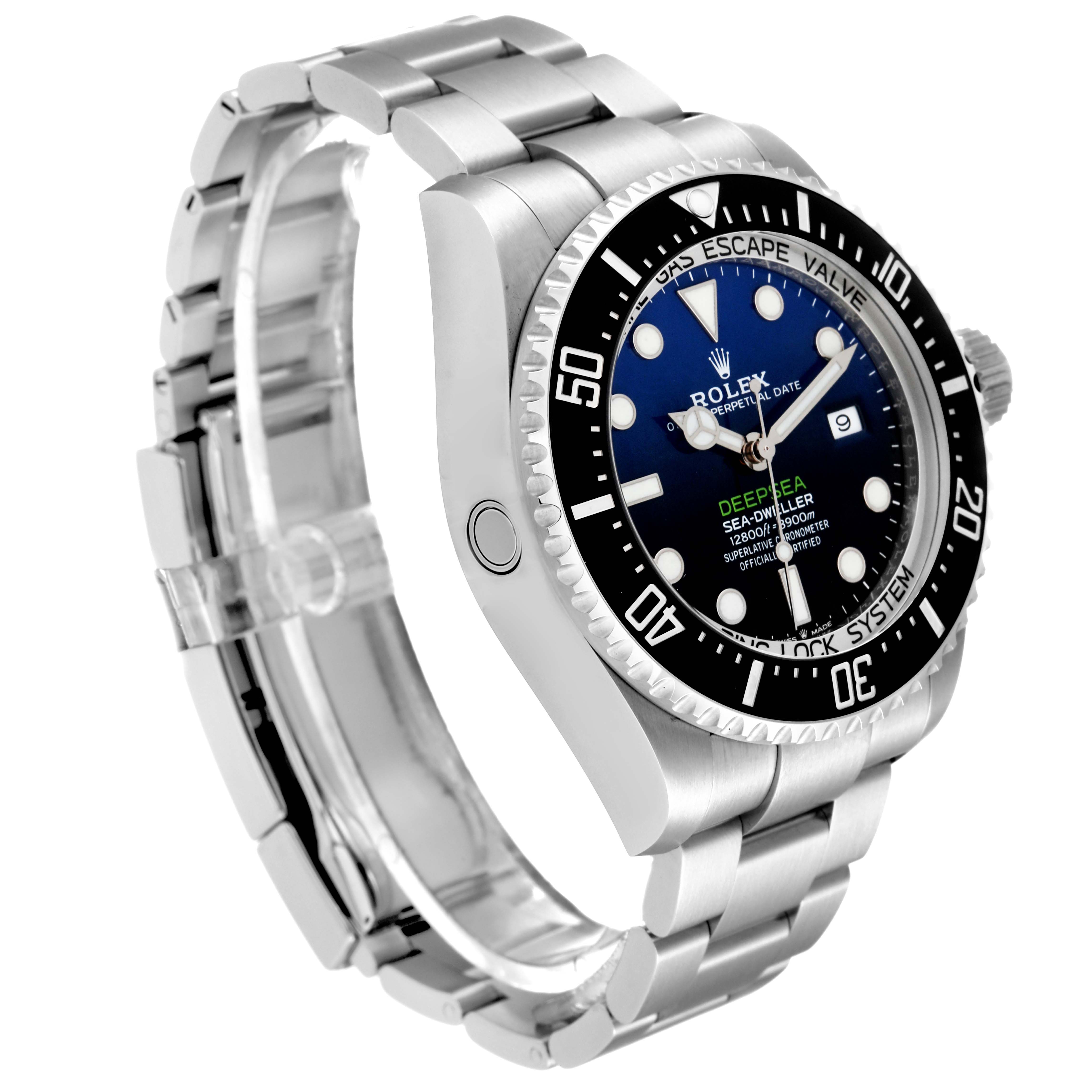 The image shows a side-angle view of the Rolex Sea-Dweller 126660 Men's Stainless Steel Black Dial 126660 Men's Stainless Steel Black Dial watch, highlighting the bezel, dial, bracelet, and crown.