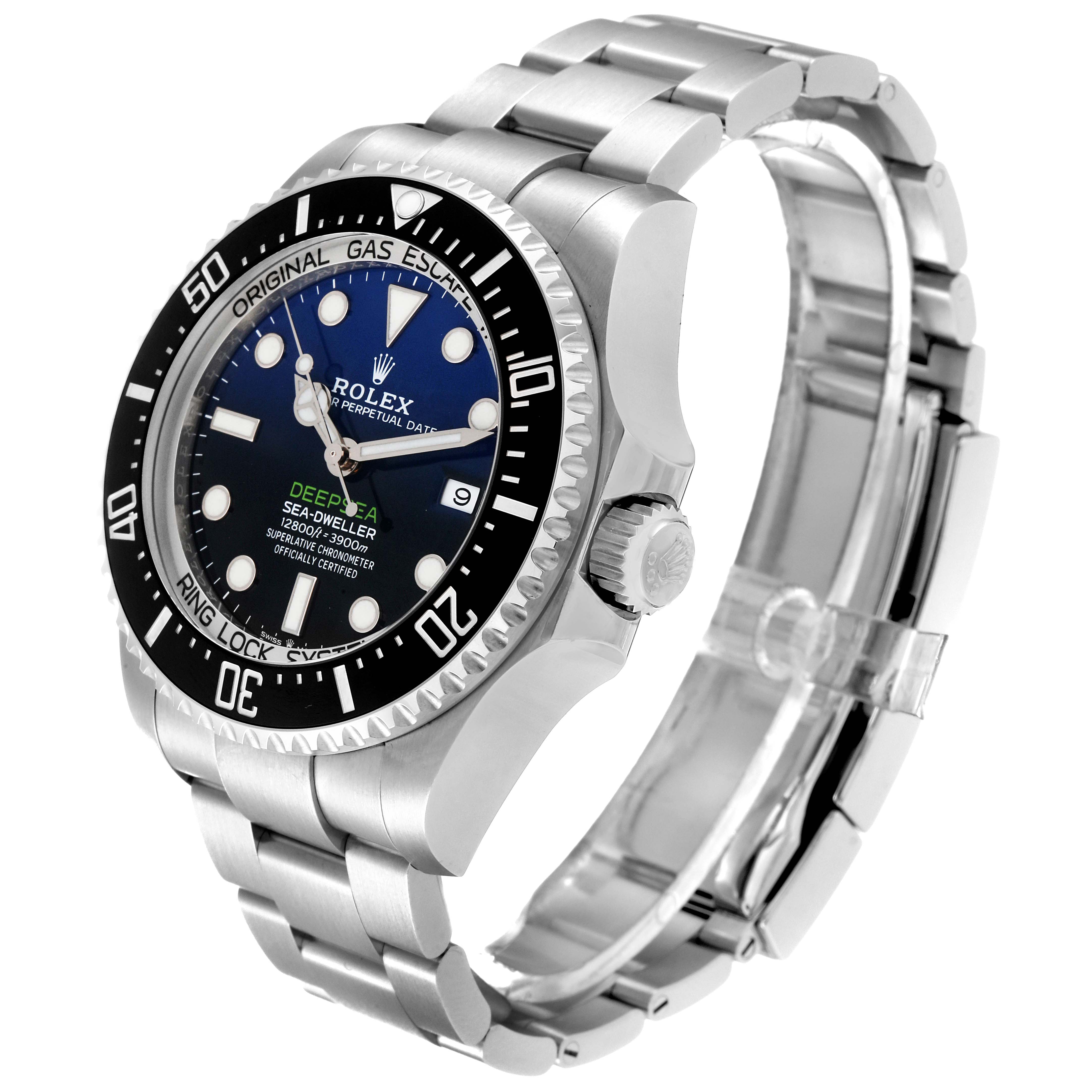 This image shows a Rolex Sea-Dweller 126660 Men's Stainless Steel Black Dial 126660 Men's Stainless Steel Black Dial watch angled to display the face, bezel, crown, and bracelet links.