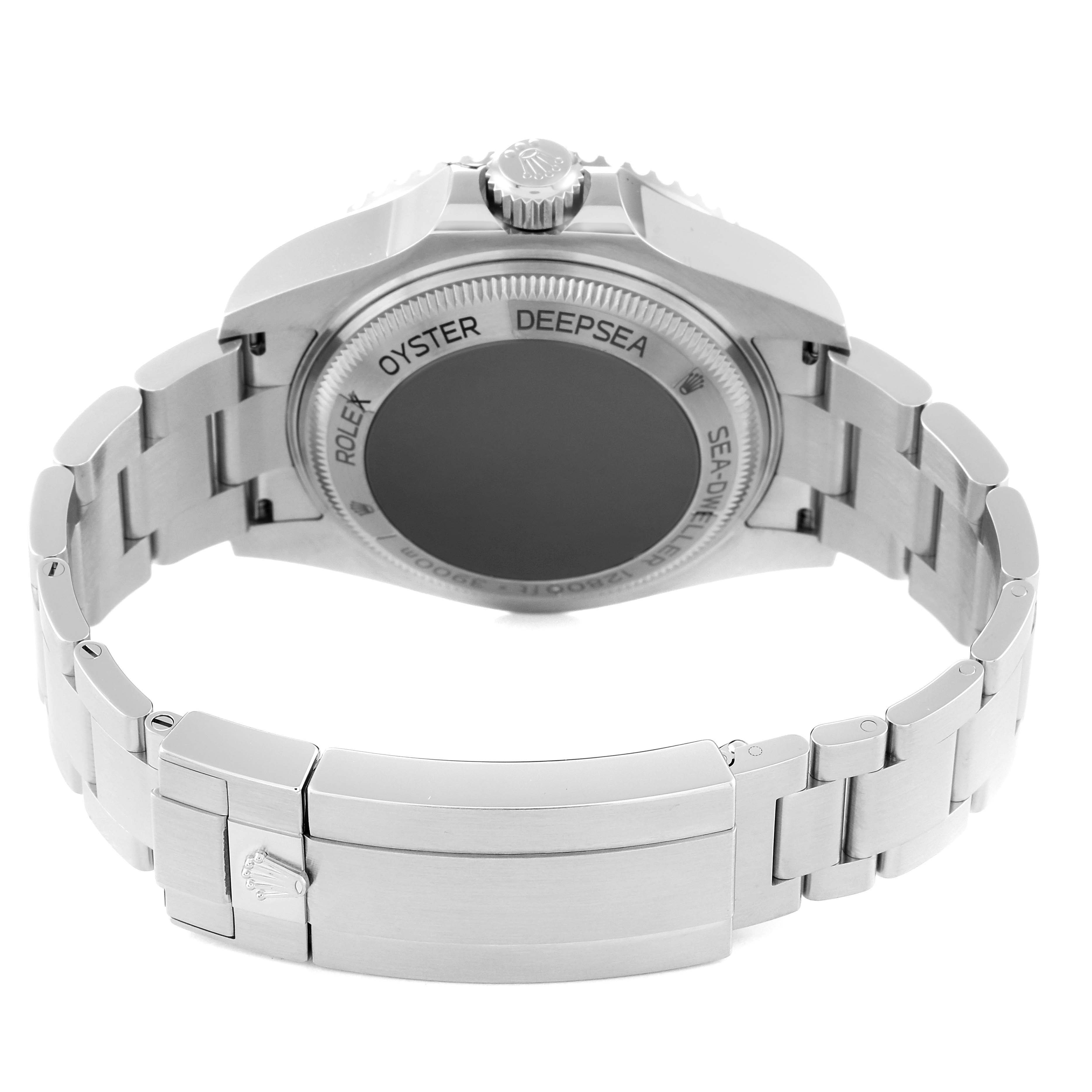 This image shows the back side and bracelet of a Rolex Sea-Dweller 126660 Men's Stainless Steel Black Dial 126660 Men's Stainless Steel Black Dial watch at an angle highlighting the clasp and case back.