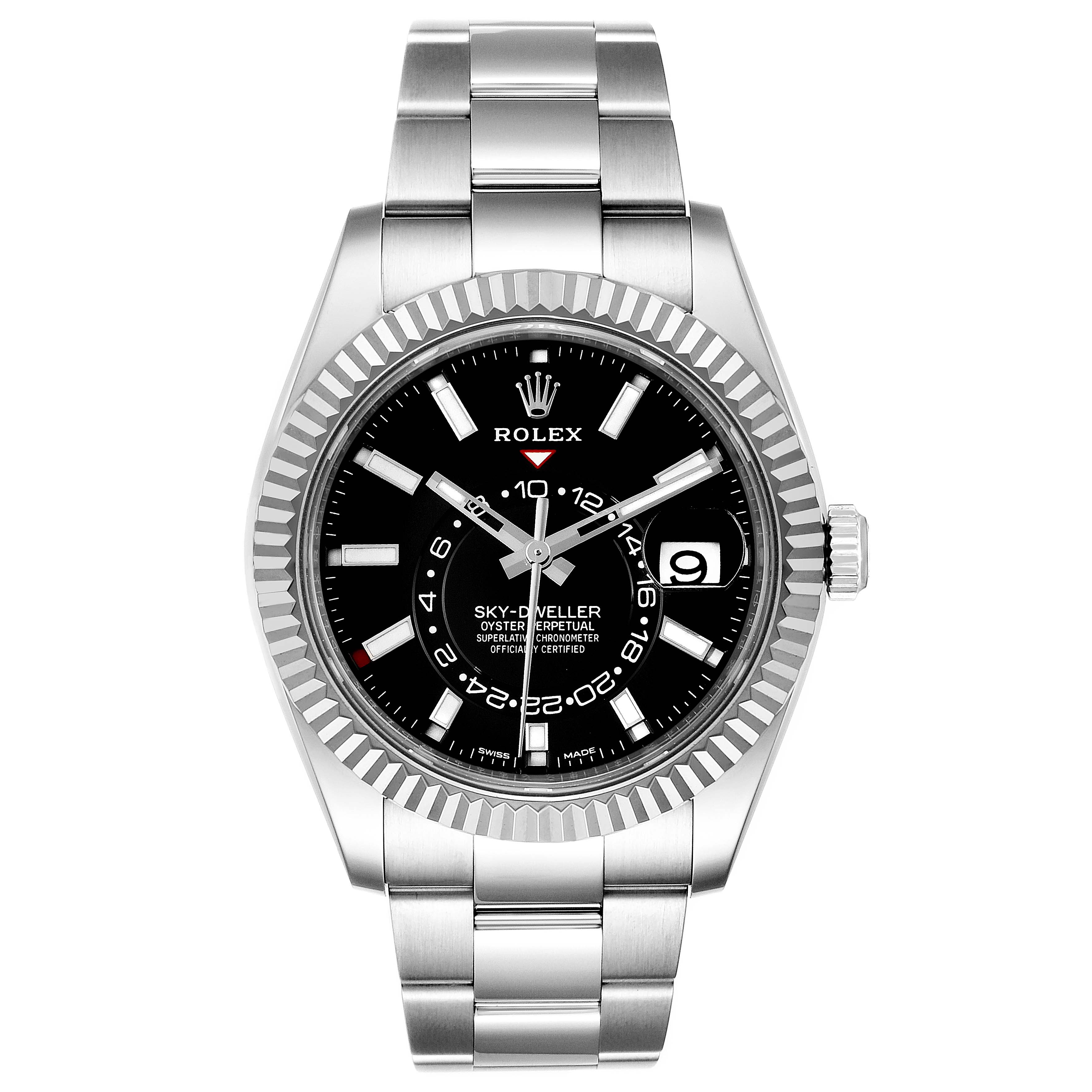 The image shows a front view of a Rolex Sky-Dweller 326934 Men's Stainless Steel Black Dial 326934 Men's Stainless Steel Black Dial watch, featuring its black dial, date display, and stainless steel bracelet.