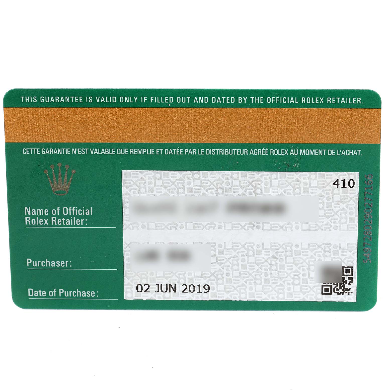 This is a warranty card for the Rolex Sky-Dweller 326934 Men's Stainless Steel Black Dial 326934 Men's Stainless Steel Black Dial, showing details of the official retailer, purchaser, and date of purchase.