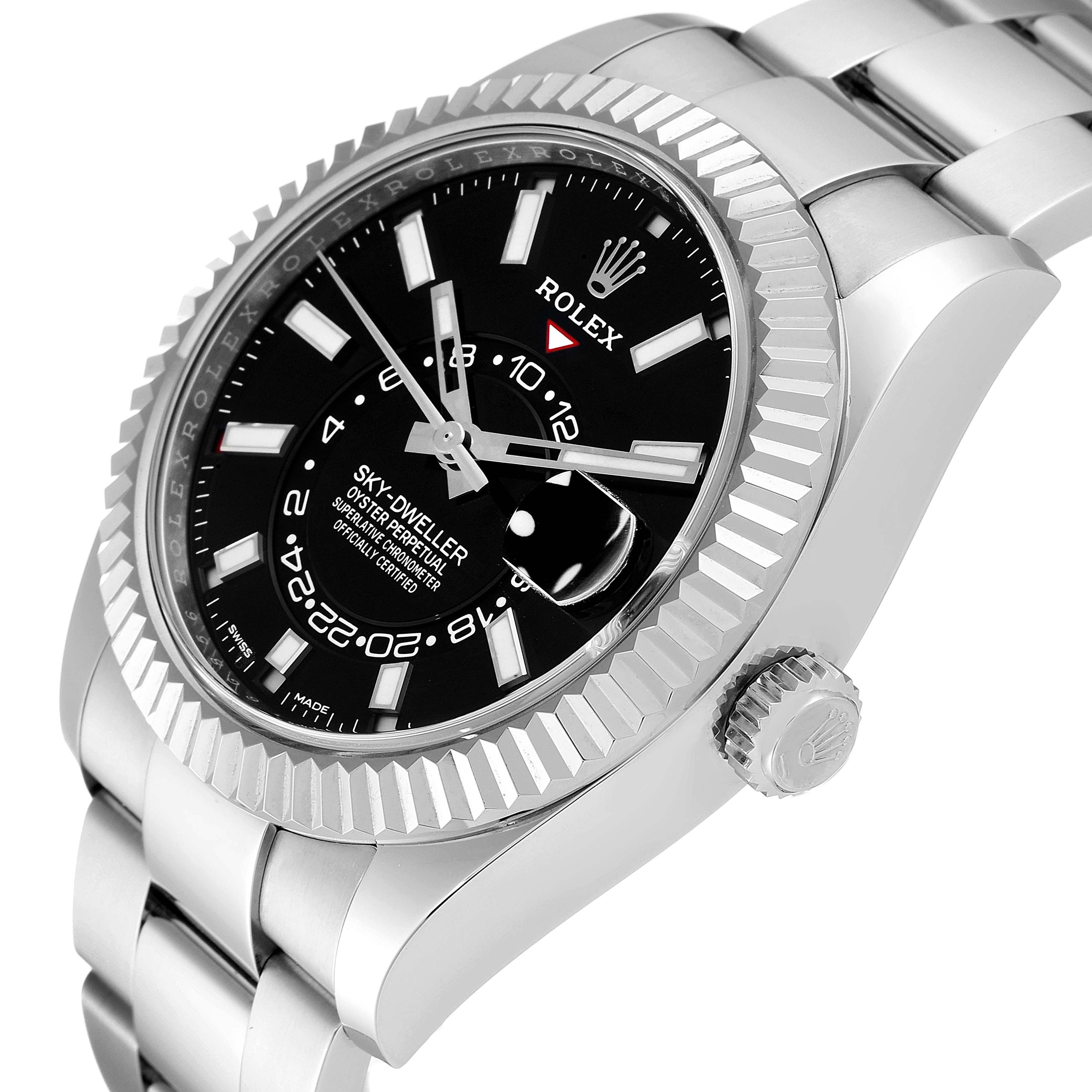 The image shows a Rolex Sky-Dweller 326934 Men's Stainless Steel Black Dial 326934 Men's Stainless Steel Black Dial watch from an angle focusing on its face, bezel, and part of the bracelet.