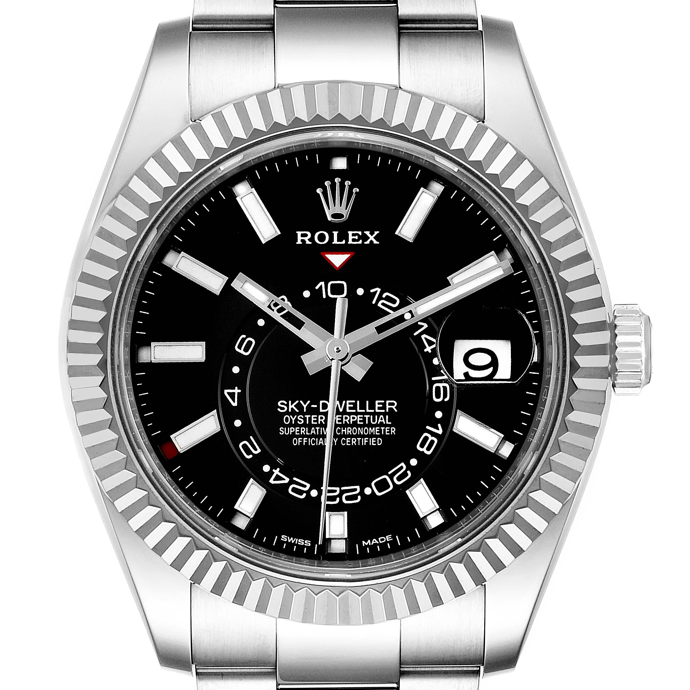 This image shows a frontal view of a Rolex Sky-Dweller 326934 Men's Stainless Steel Black Dial 326934 Men's Stainless Steel Black Dial watch, highlighting its black dial, fluted bezel, and stainless steel bracelet.