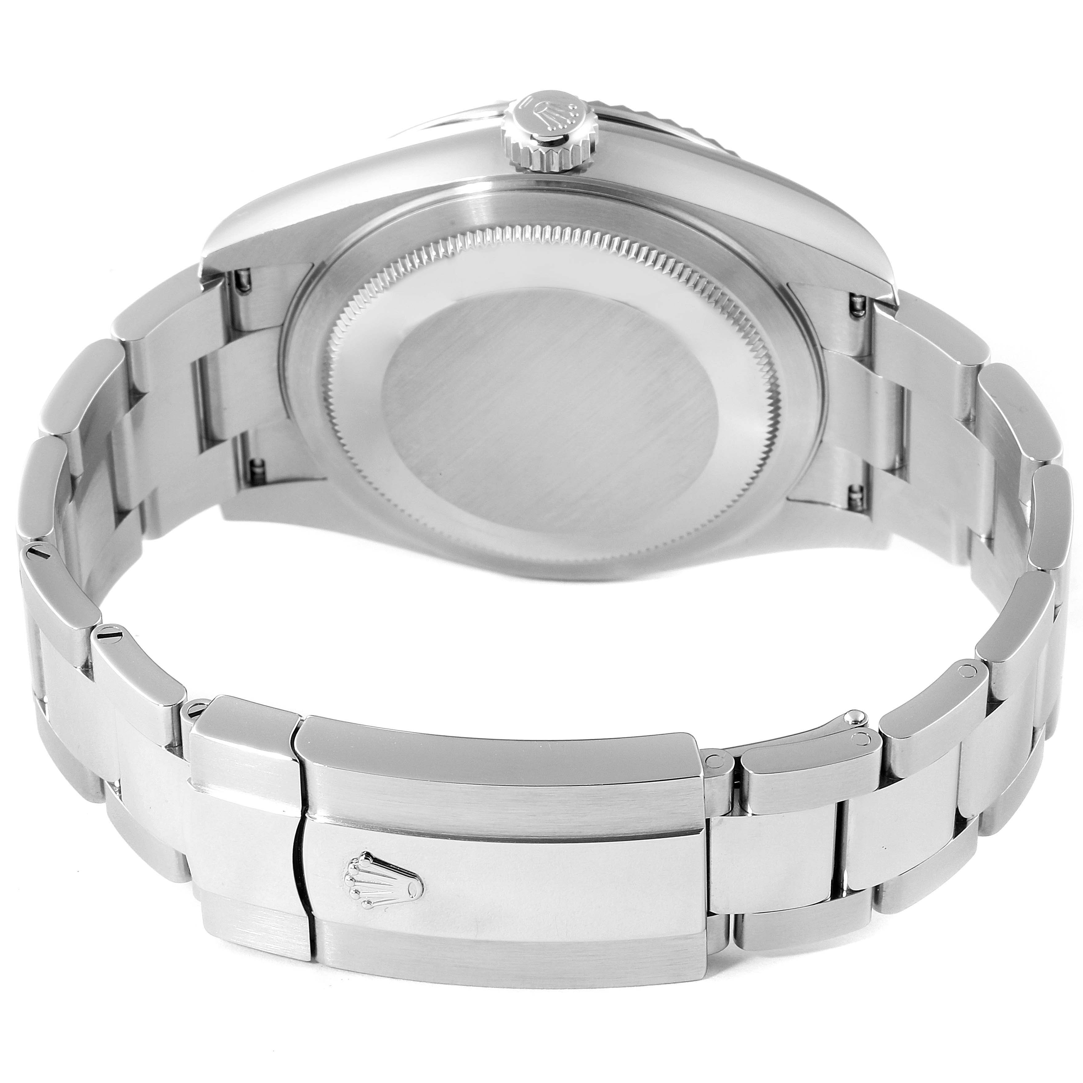 The image shows the back view of the Rolex Sky-Dweller 326934 Men's Stainless Steel Black Dial 326934 Men's Stainless Steel Black Dial watch, highlighting its case back, crown, and metal bracelet with clasp.