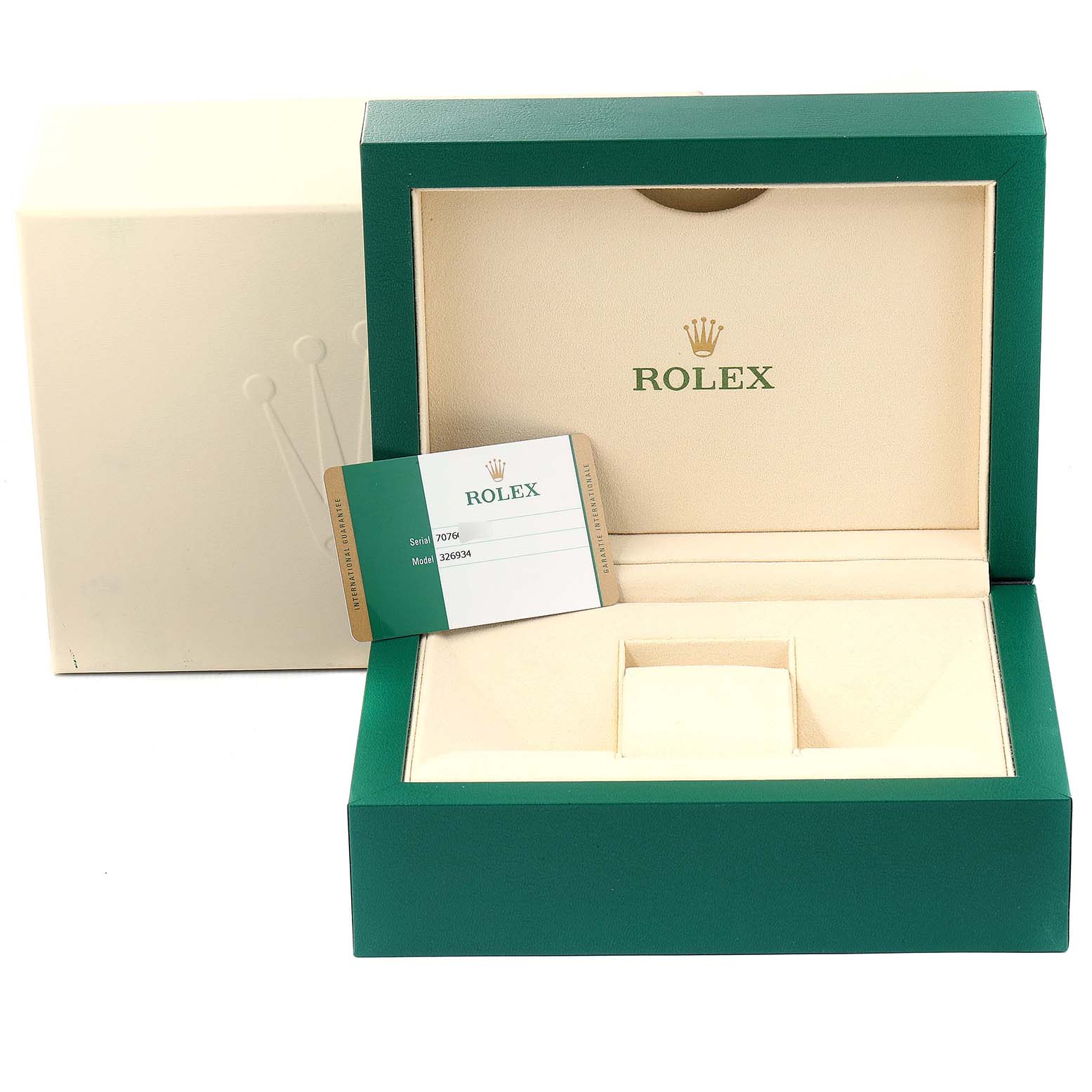 The image shows the open box of a Rolex Sky-Dweller 326934 Men's Stainless Steel Black Dial 326934 Men's Stainless Steel Black Dial watch, including its outer box and warranty card.