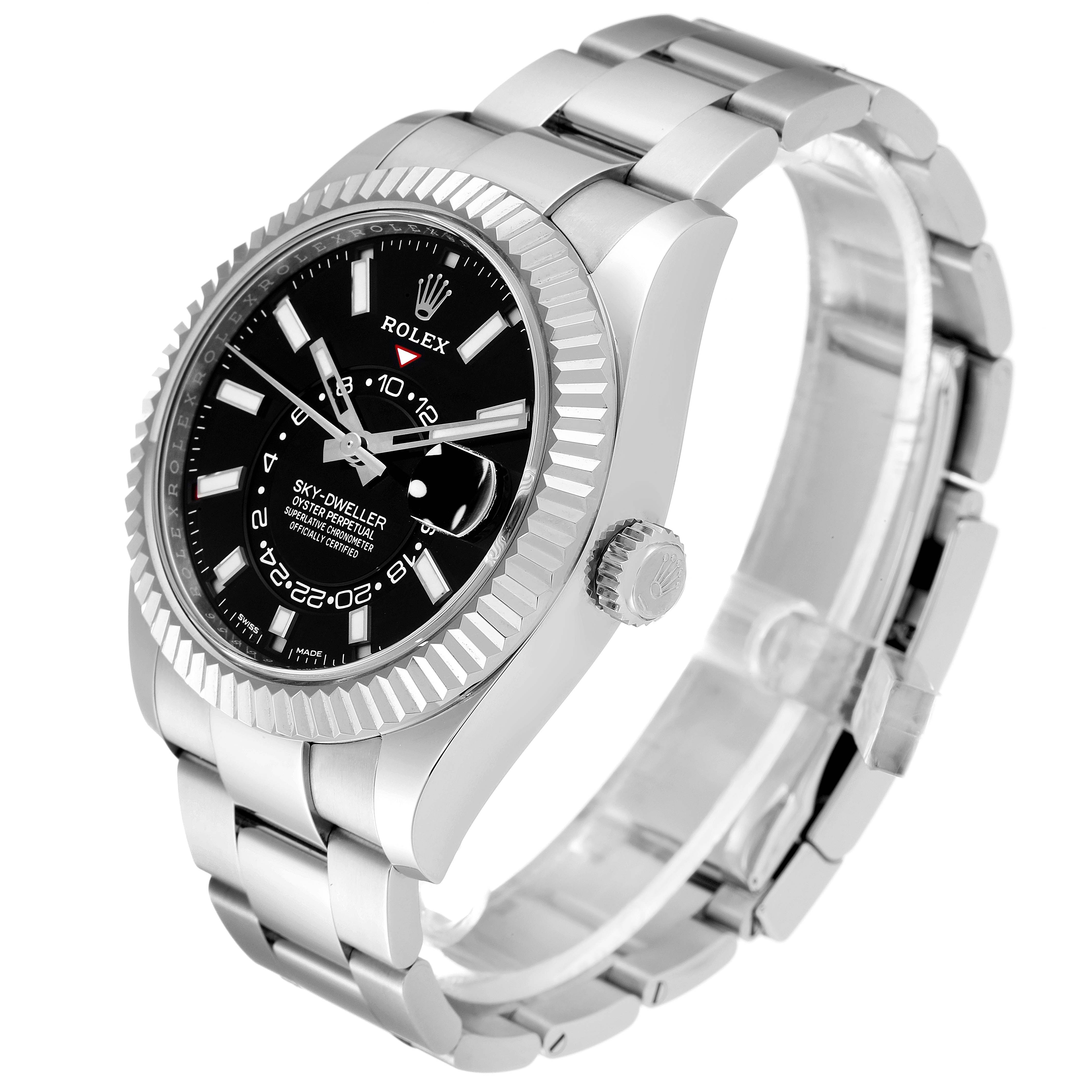 The Rolex Sky-Dweller 326934 Men's Stainless Steel Black Dial 326934 Men's Stainless Steel Black Dial watch is shown at an angle from the side, displaying the face, bezel, crown, and metal bracelet.
