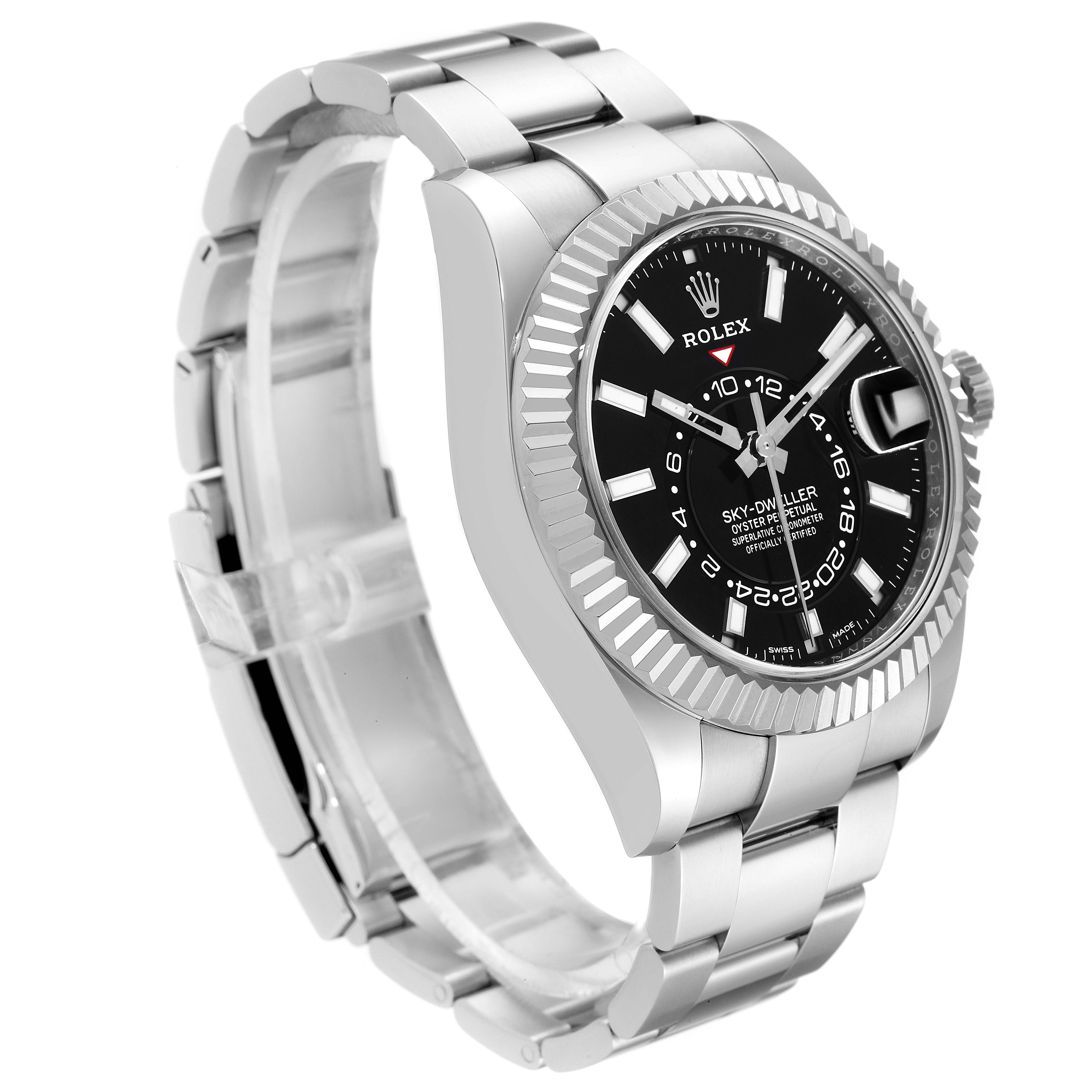 The image shows a side angle of the Rolex Sky-Dweller 326934 Men's Stainless Steel Black Dial 326934 Men's Stainless Steel Black Dial, highlighting the dial, bezel, and bracelet.